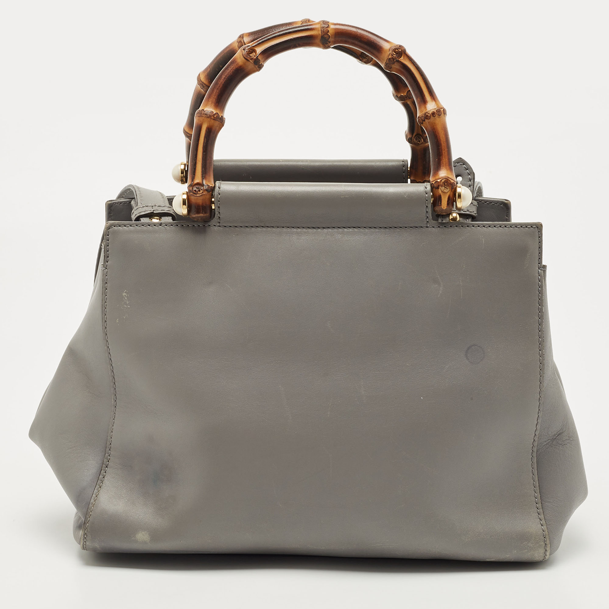 Gucci Grey Leather Small Nymphaea Bamboo Tote