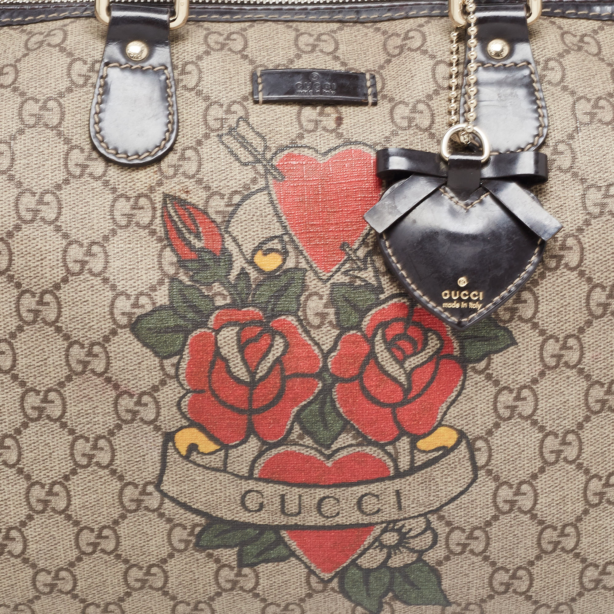 Gucci Beige/Brown GG Supreme Canvas And Patent Leather Medium Tattoo Heart Joy Boston Bag