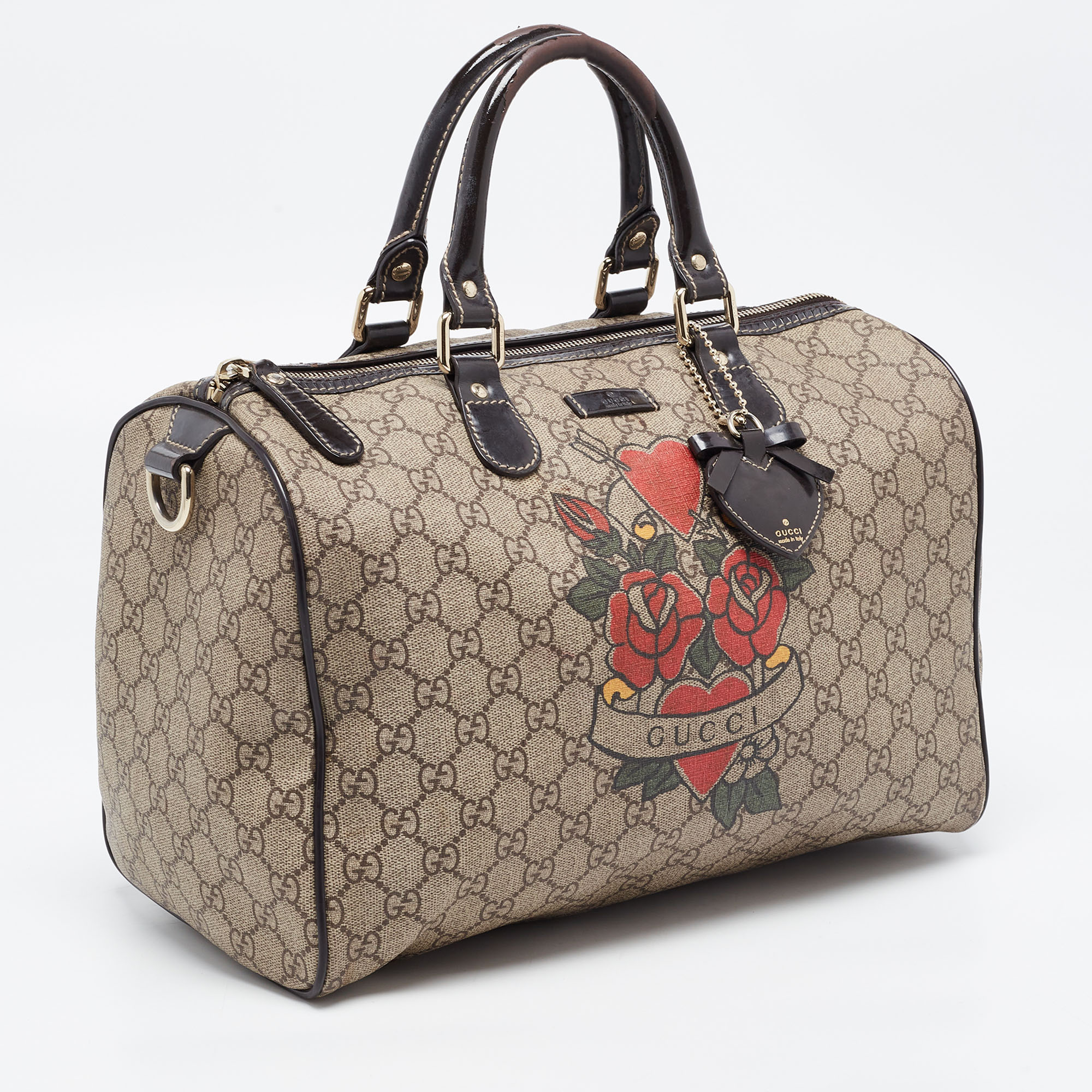 Gucci Beige/Brown GG Supreme Canvas And Patent Leather Medium Tattoo Heart Joy Boston Bag