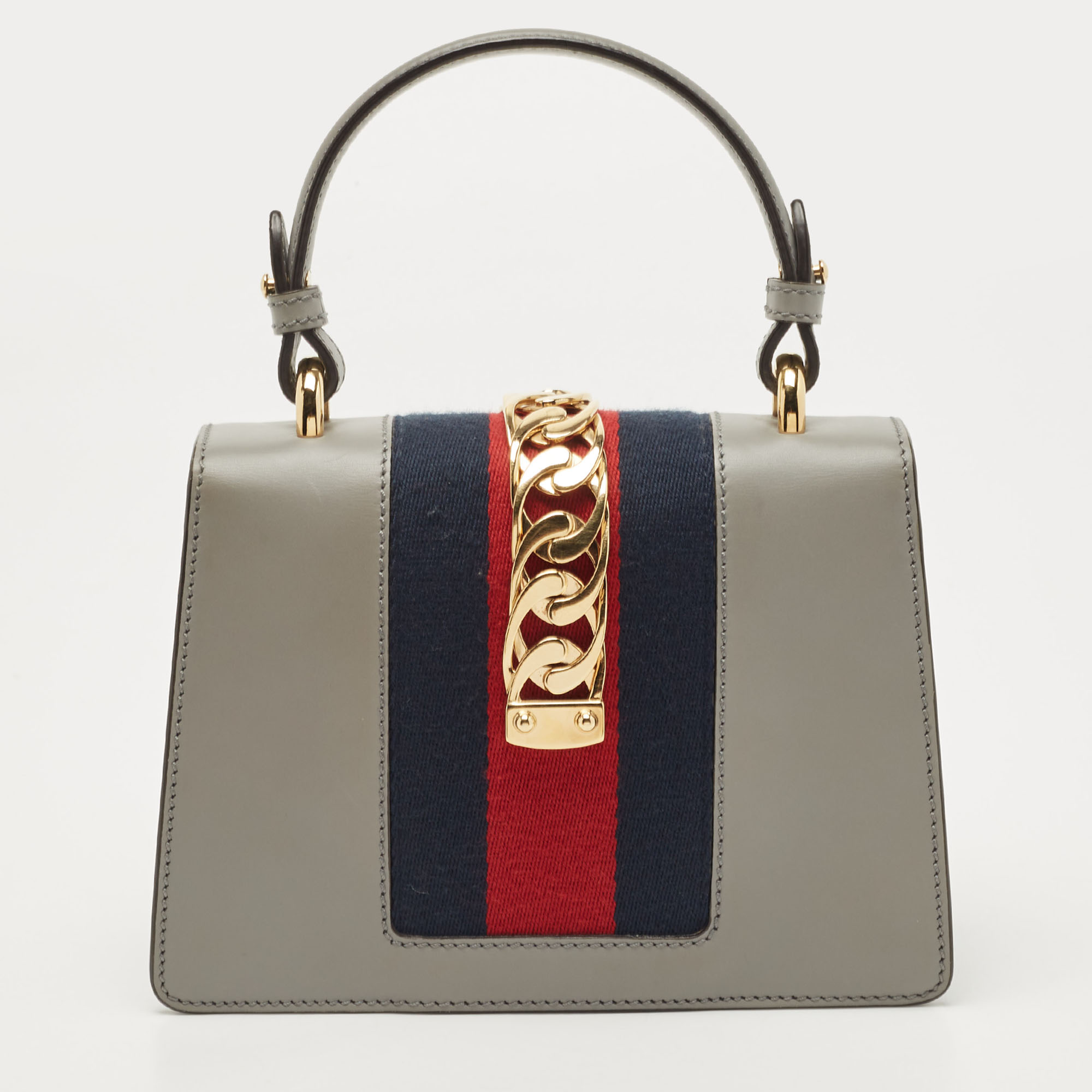 Gucci Grey Leather Mini Web Chain Sylvie Top Handle Bag
