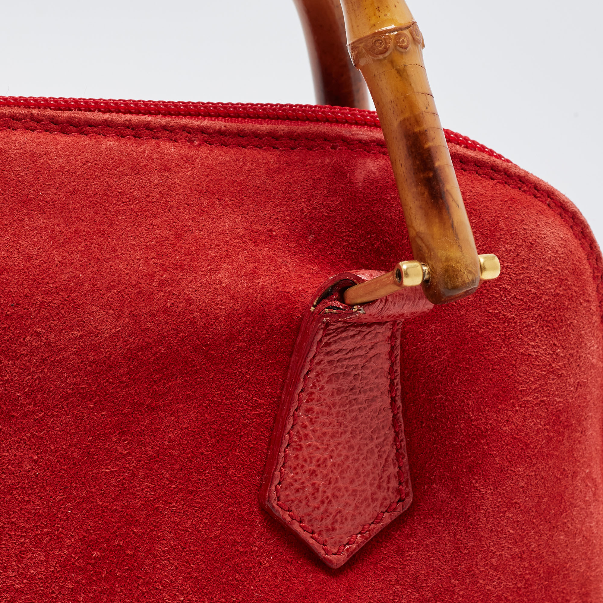 Gucci Red Suede And Leather Bamboo Handle Satchel