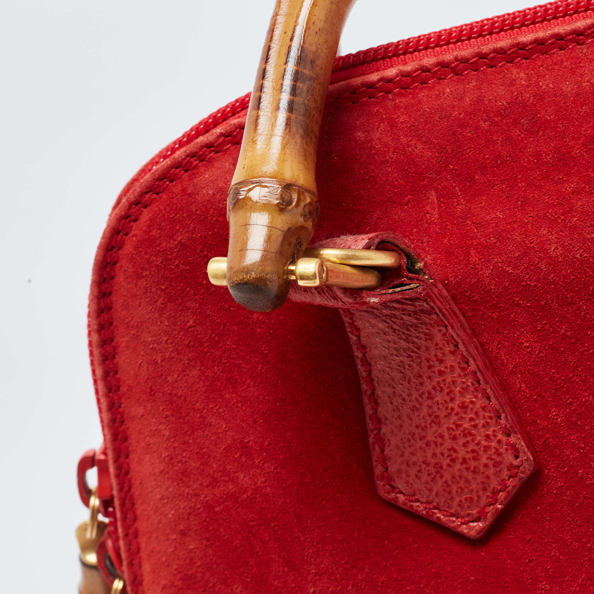 Gucci Red Suede And Leather Bamboo Handle Satchel