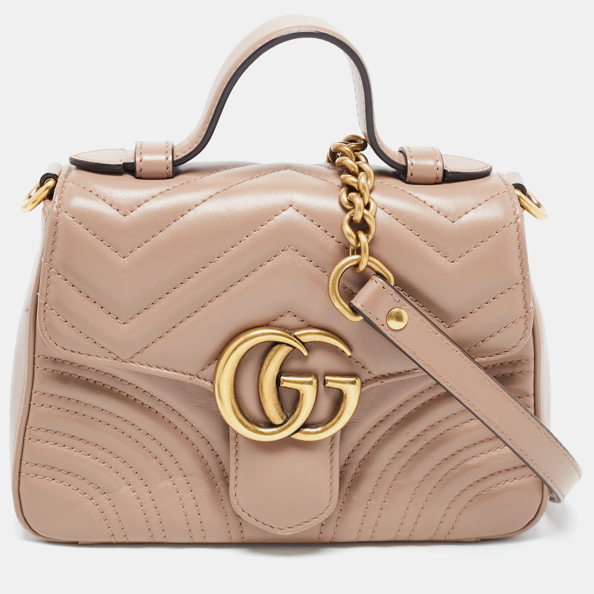 Gucci Beige Matelassé Leather Mini GG Marmont Top Handle Bag