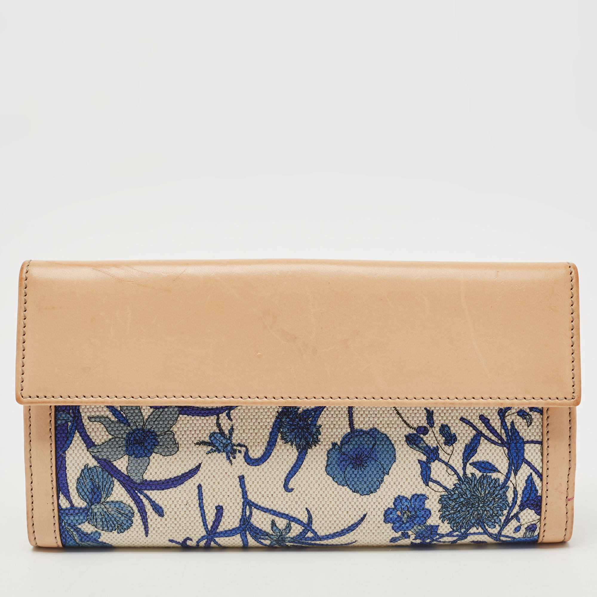 Gucci Blue/Beige Floral Print Canvas And Leather Wave Continental Wallet