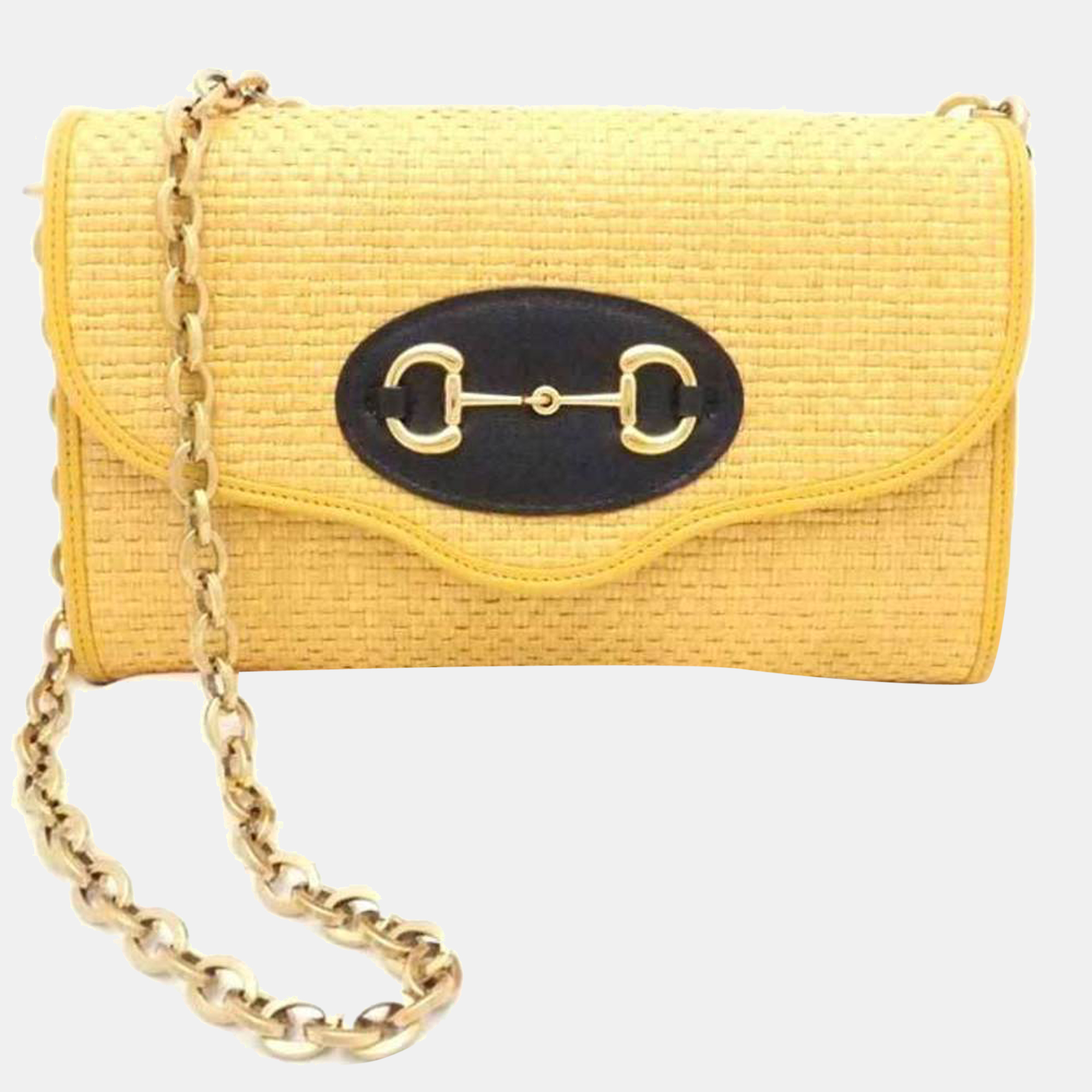 Gucci yellow raffia horsebit 1955 chain shoulder bag