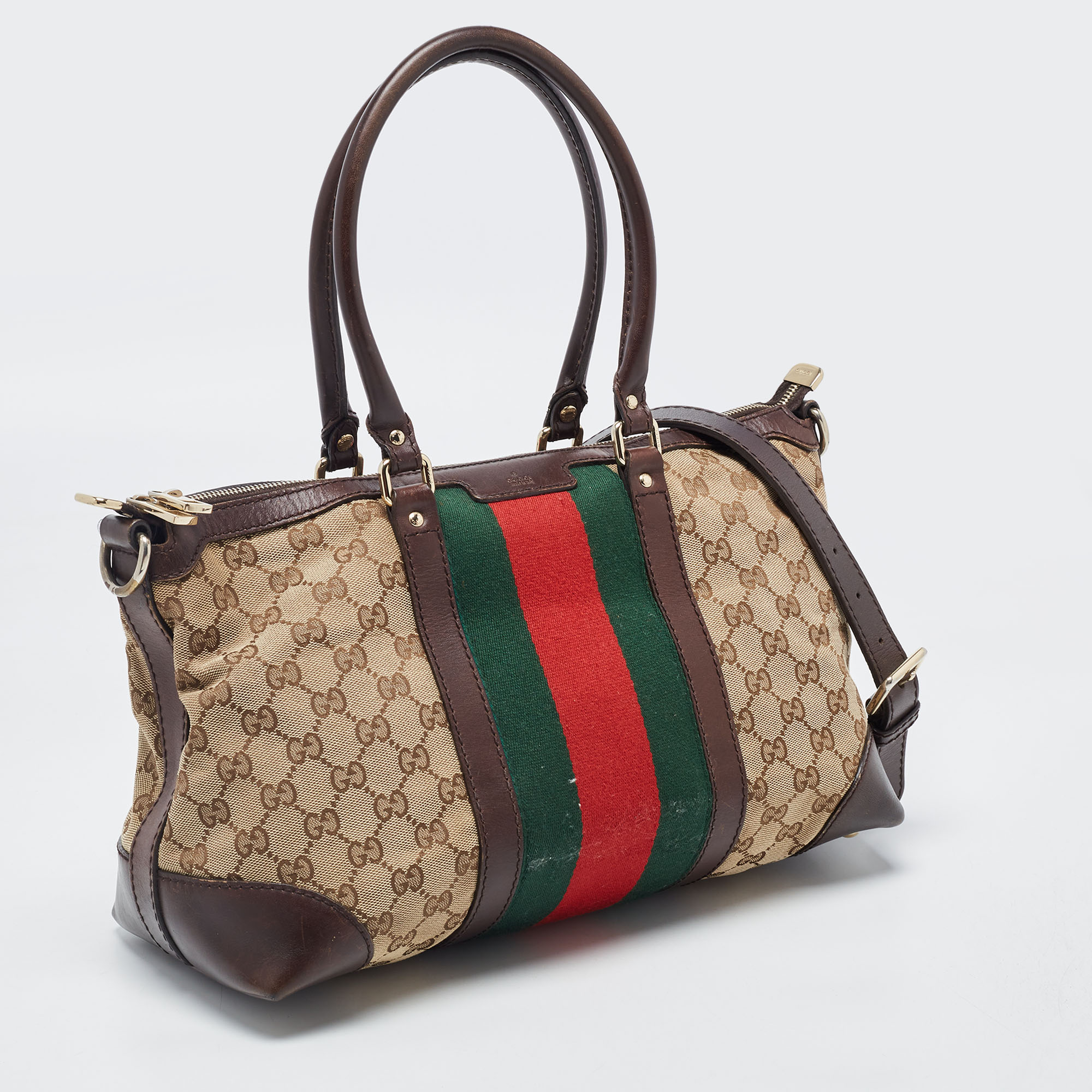 Gucci Brown/Beige GG Canvas And Leather Web Zip Bag