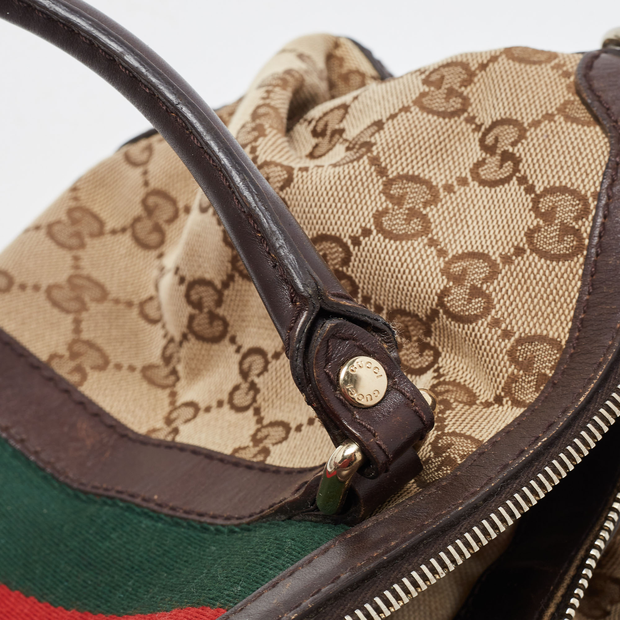 Gucci Brown/Beige GG Canvas And Leather Web Zip Bag