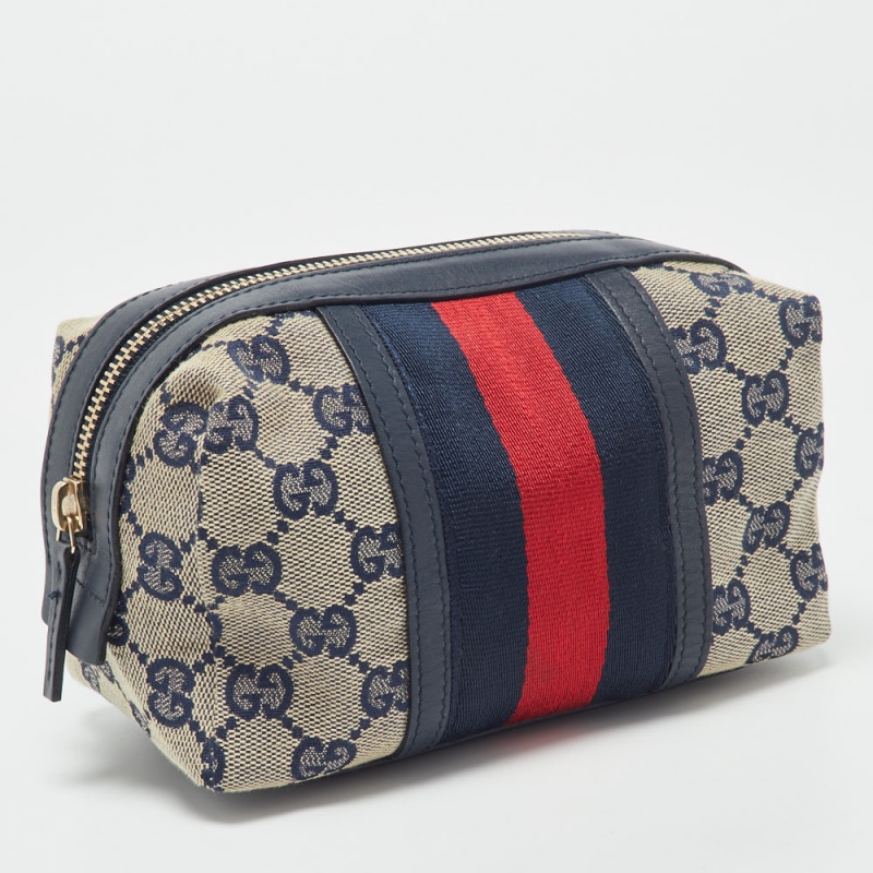 Gucci Beige/Blue GG Canvas And Leather Web Cosmetic Pouch