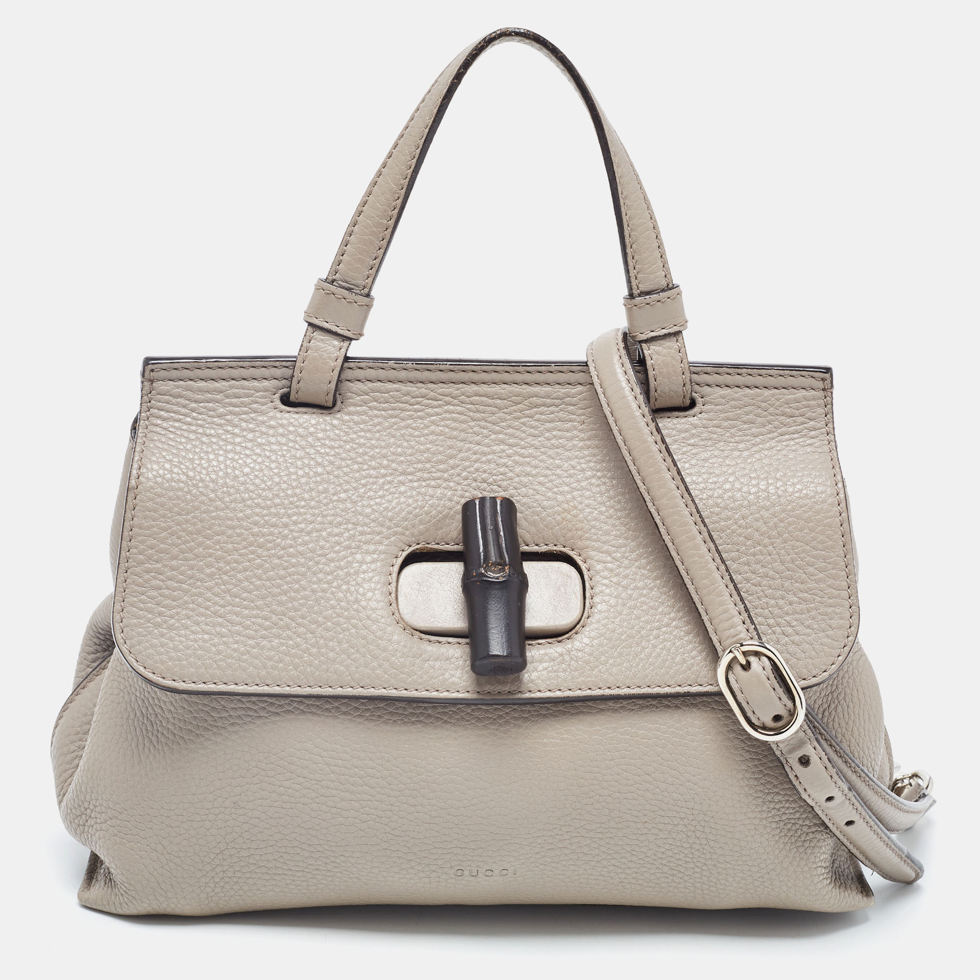 Gucci grey leather small bamboo daily top handle bag