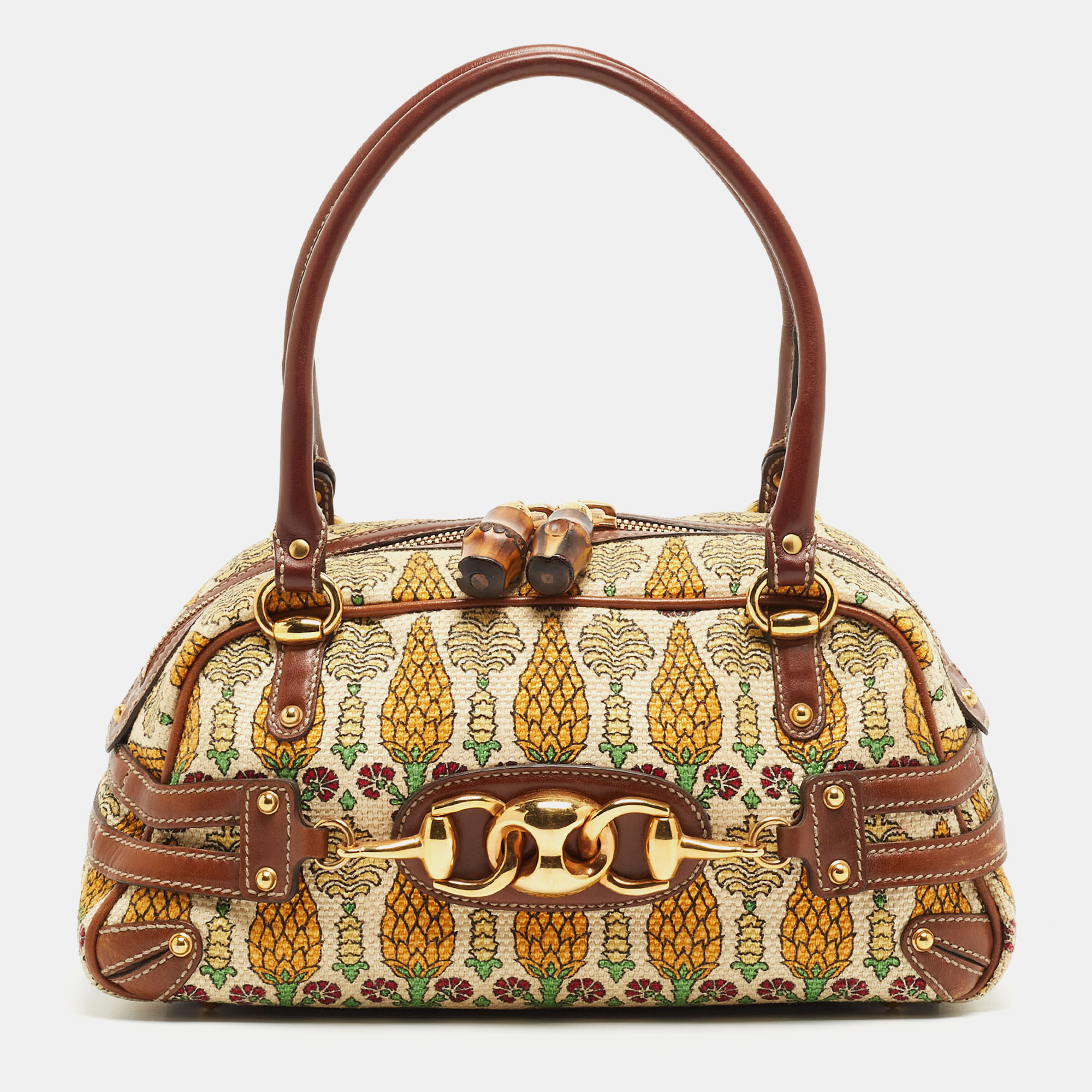 Gucci Brown/Multicolor Pigna Canvas And Leather Satchel