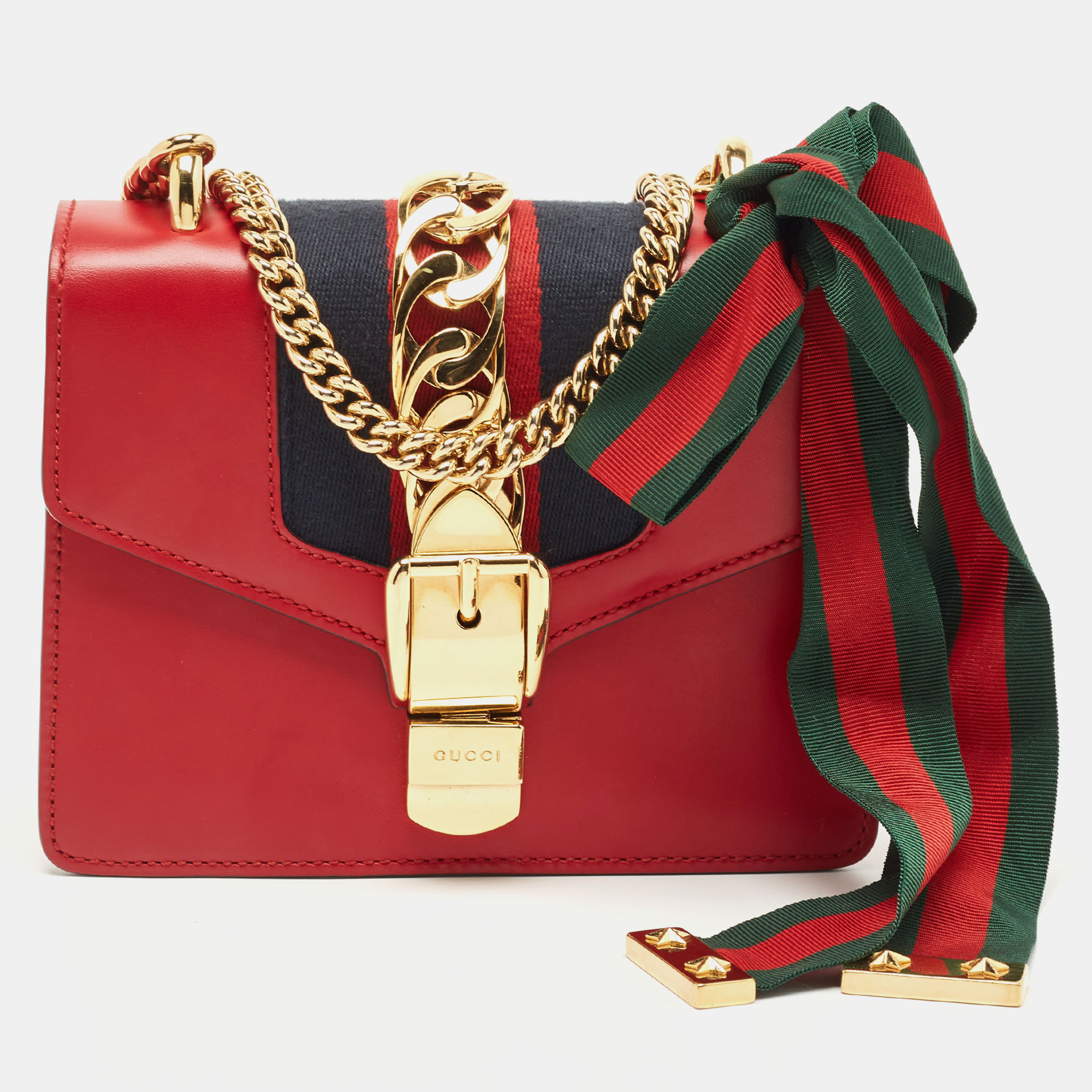 Gucci Red Leather Mini Web Chain Sylvie Crossbody Bag