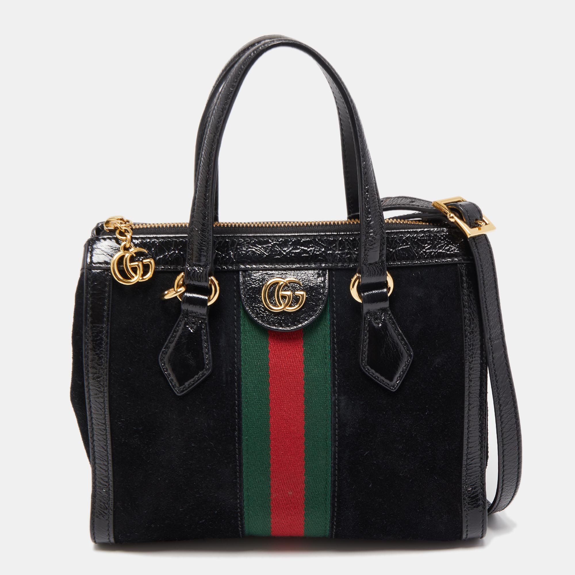 Gucci black suede and patent leather small web ophidia tote