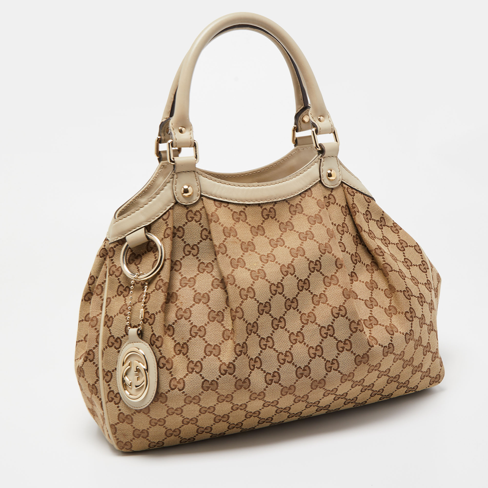 Gucci Off White/Beige GG Canvas And Leather Medium Sukey Tote