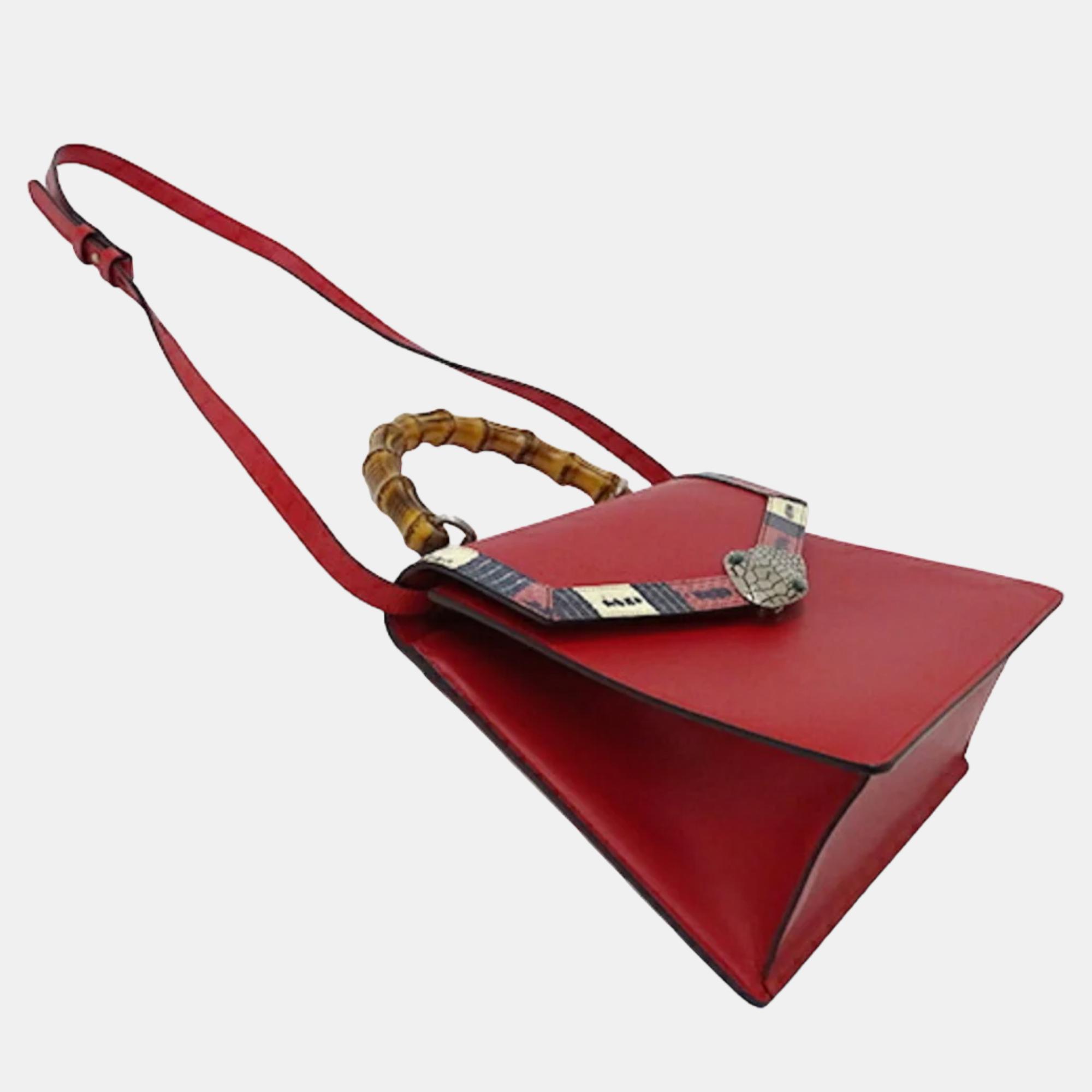 Gucci Red Leather Medium Snakeskin-Trimmed Lilith Top Handle Bag