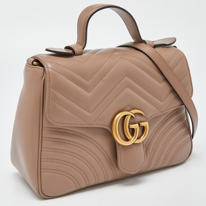 Gucci Beige Matelasse Leather Small GG Marmont Top Handle Bag