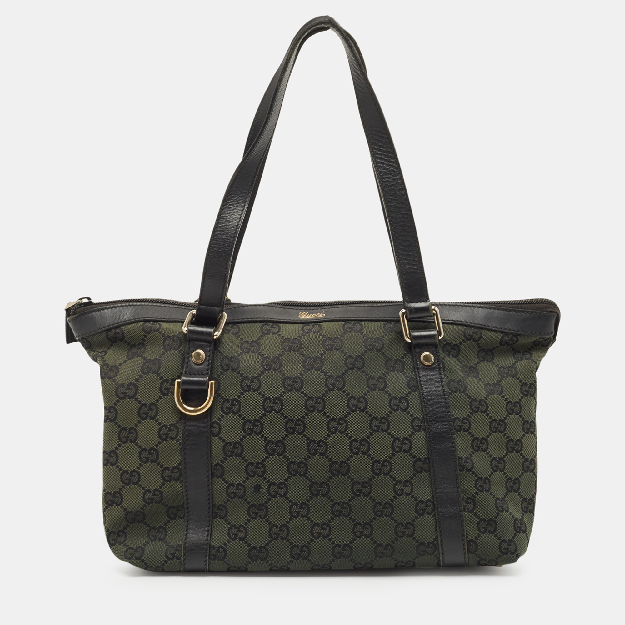 Gucci Black/Green GG Canvas And Leather Canvas Medium Abbey Tote