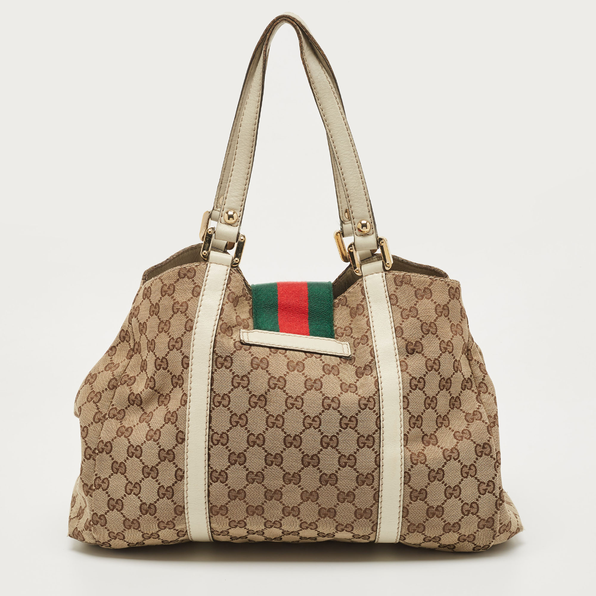 Gucci White/Beige GG Canvas And Leather New Ladies Web Tote