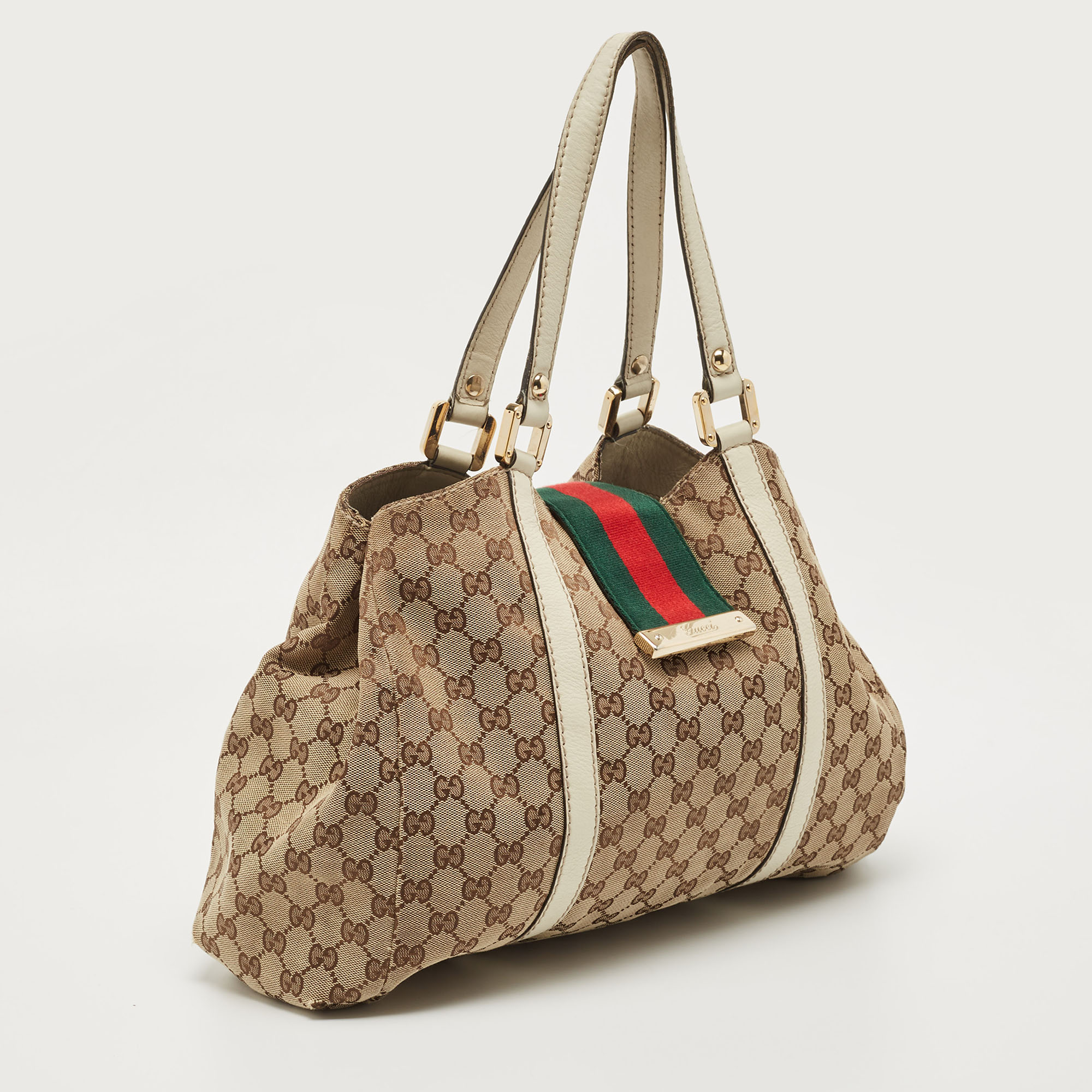 Gucci White/Beige GG Canvas And Leather New Ladies Web Tote
