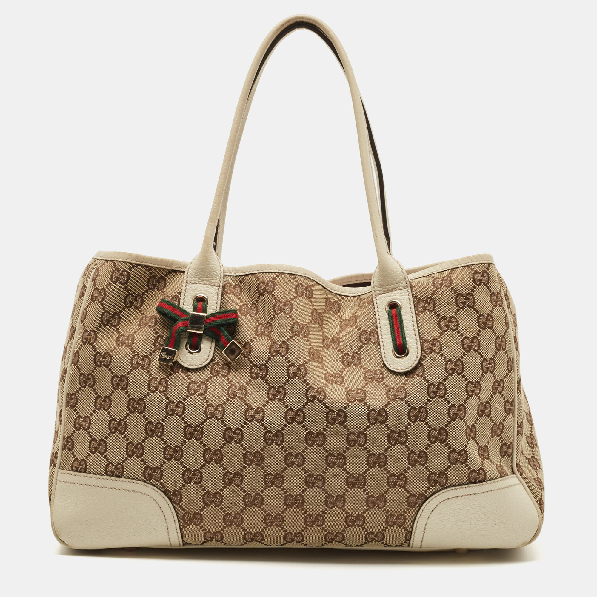 Gucci white/beige gg canvas and leather princy tote