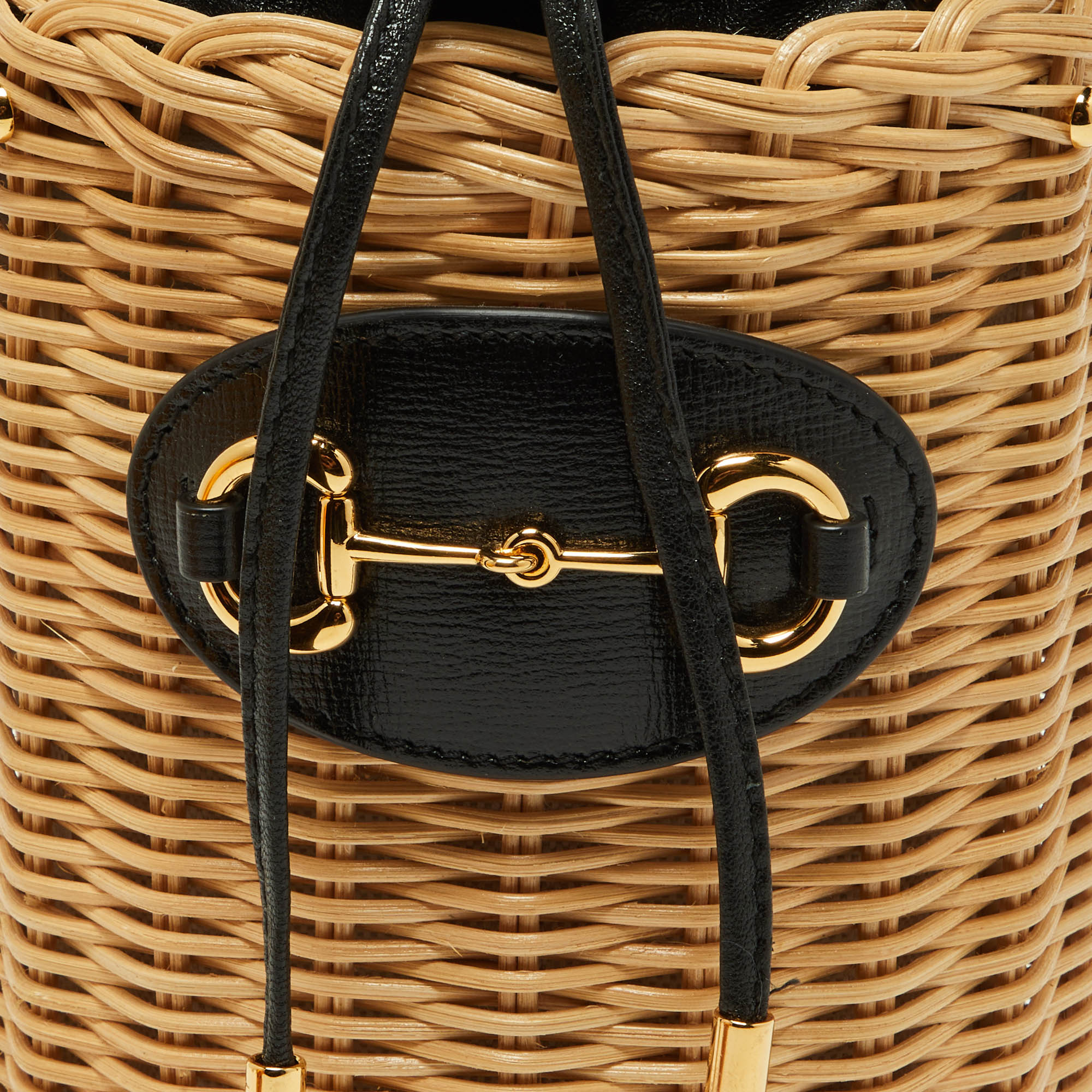 Gucci Beige/Black Wicker And Leather Horsebit 1955 Bucket Bag