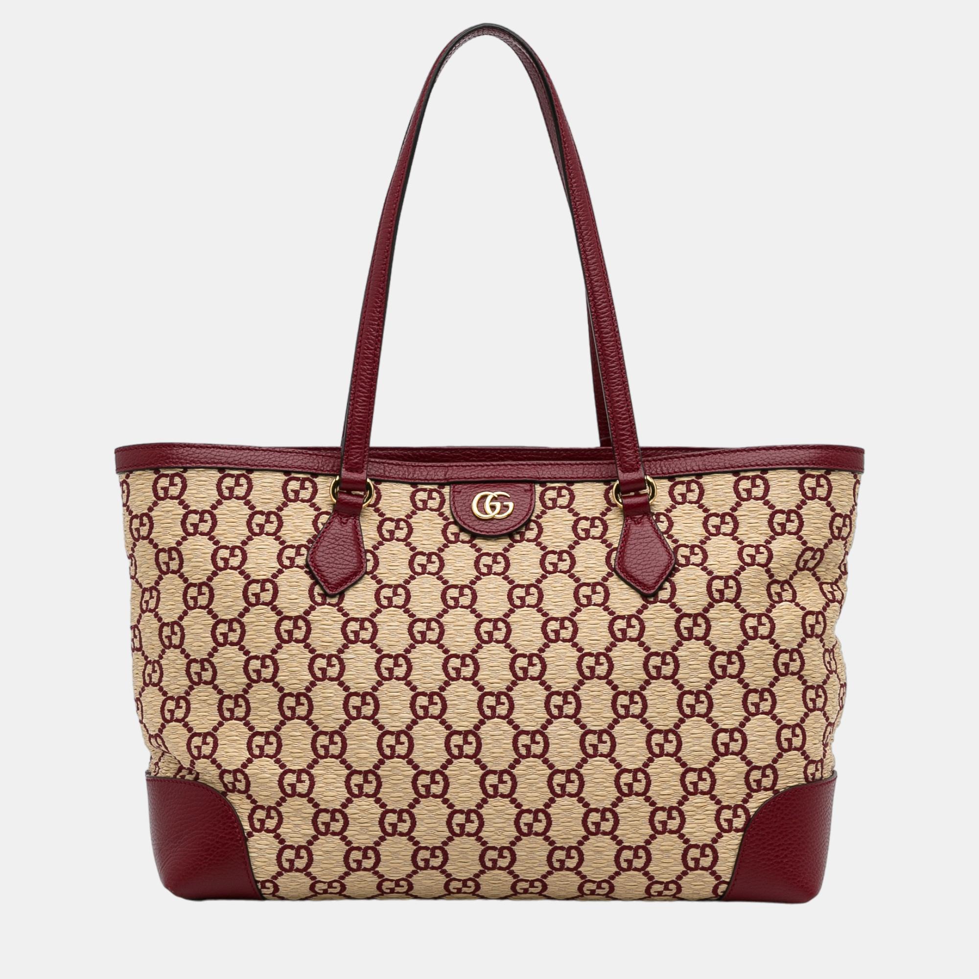 Gucci Beige/Red Medium GG Straw Ophidia Shopping Tote