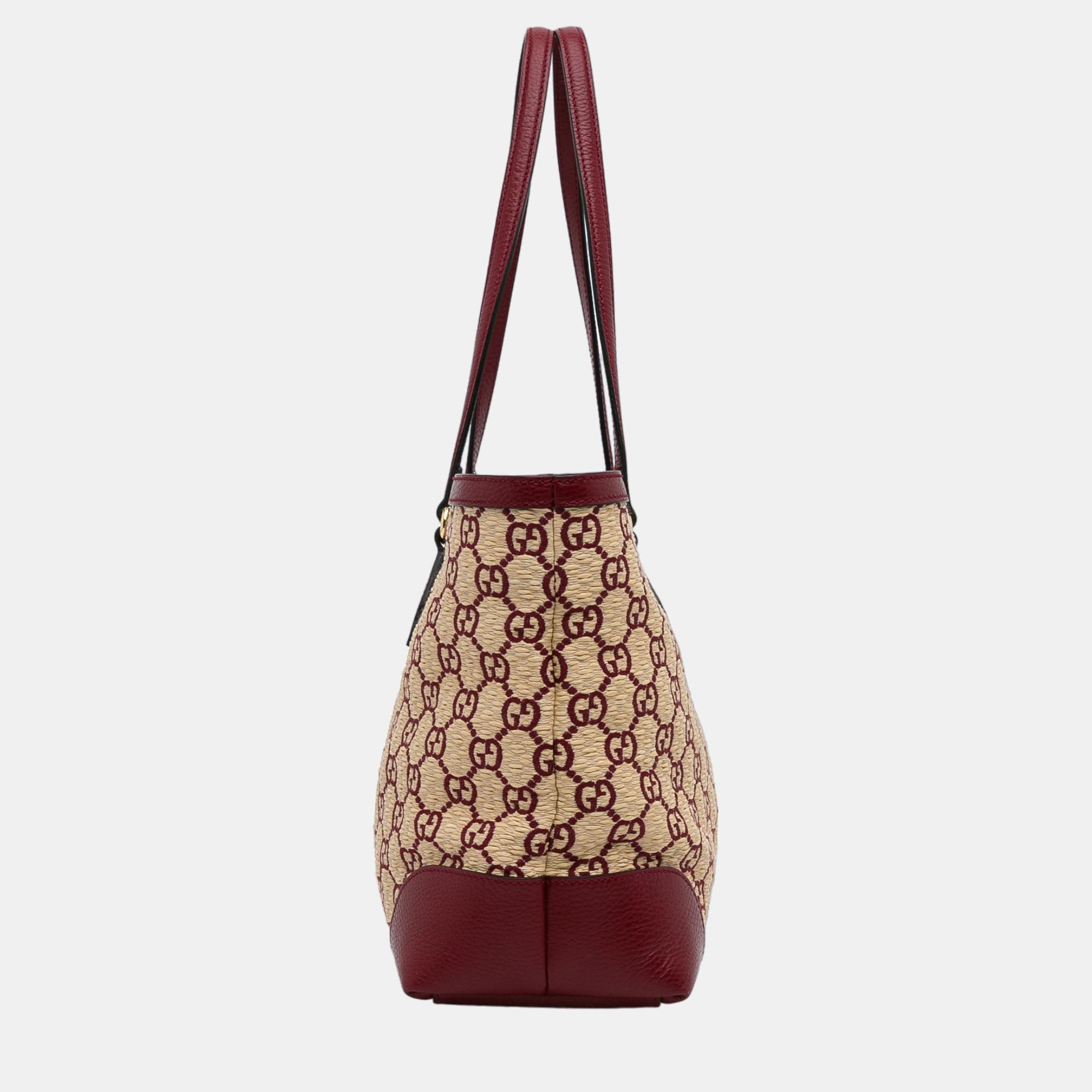 Gucci Beige/Red Medium GG Straw Ophidia Shopping Tote