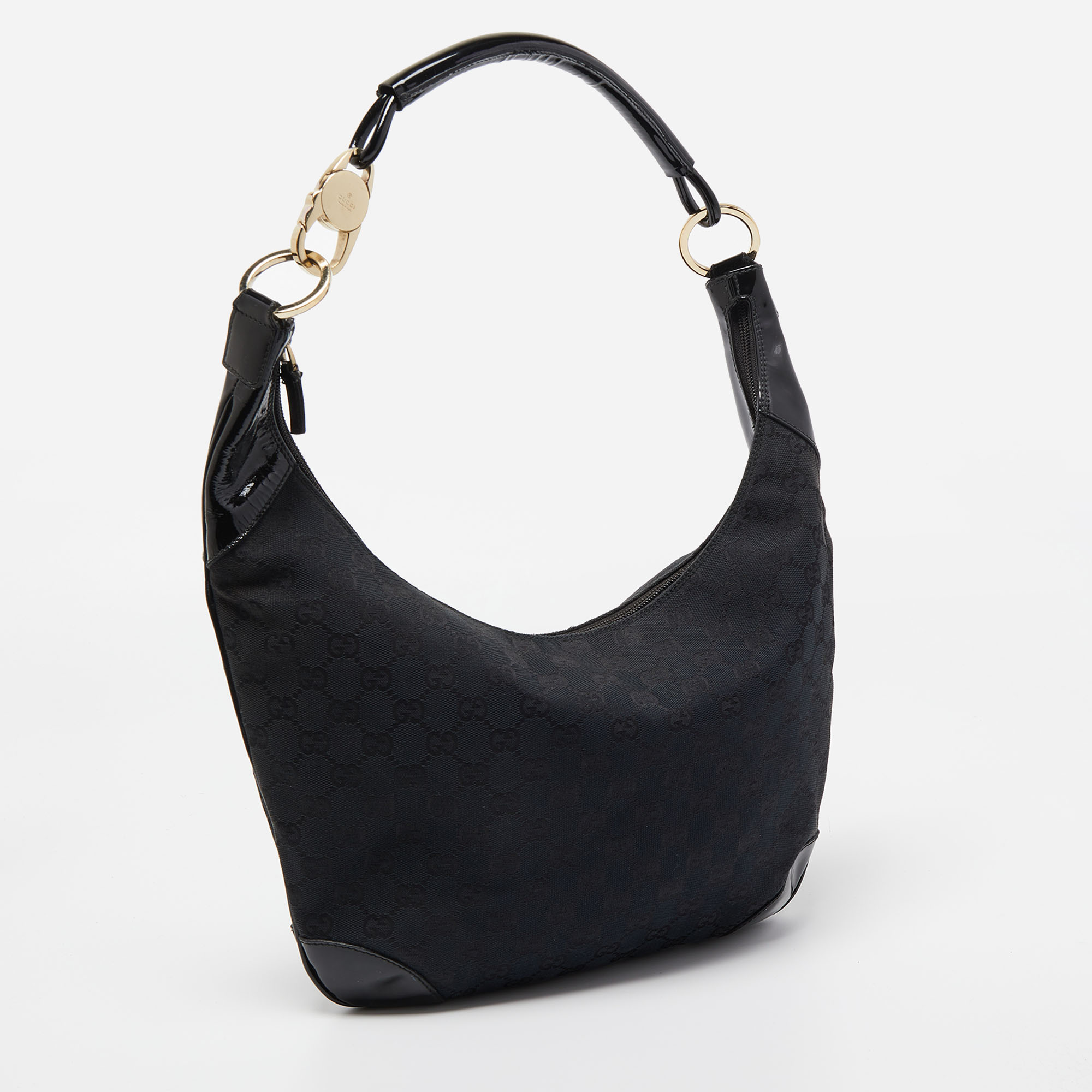 Gucci Black GG Canvas And Patent Leather Hobo