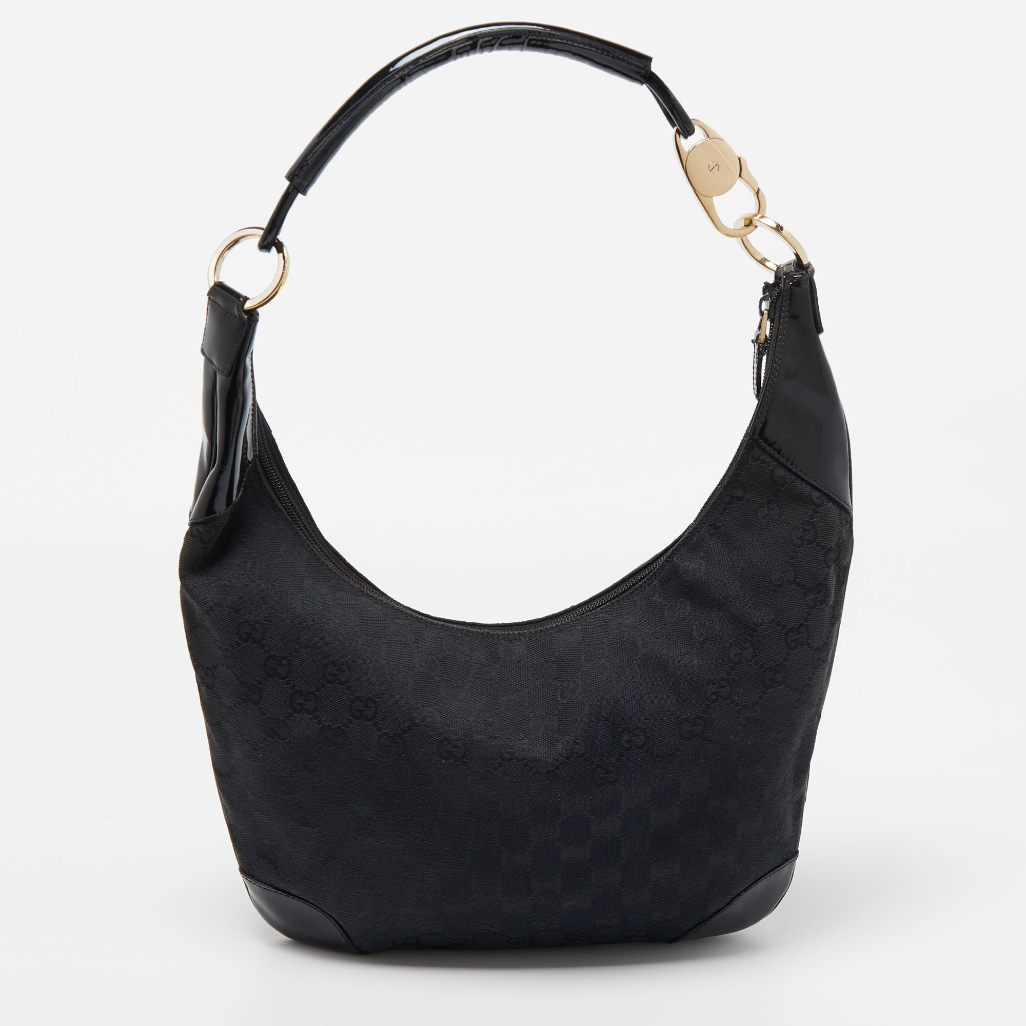 Gucci Black GG Canvas And Patent Leather Hobo