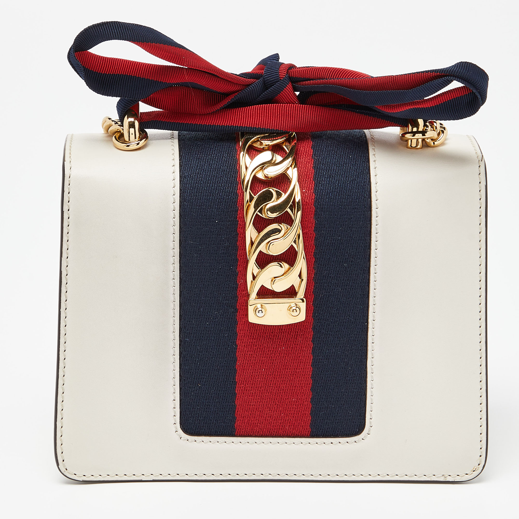 Gucci Off White Leather Mini Web Chain Sylvie Crossbody Bag