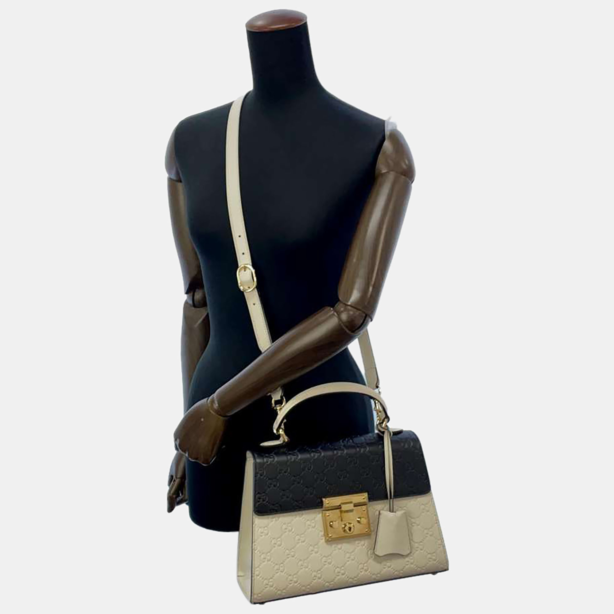 Gucci Beige/Black Leather Medium GG Supreme Padlock Top Handle Bag