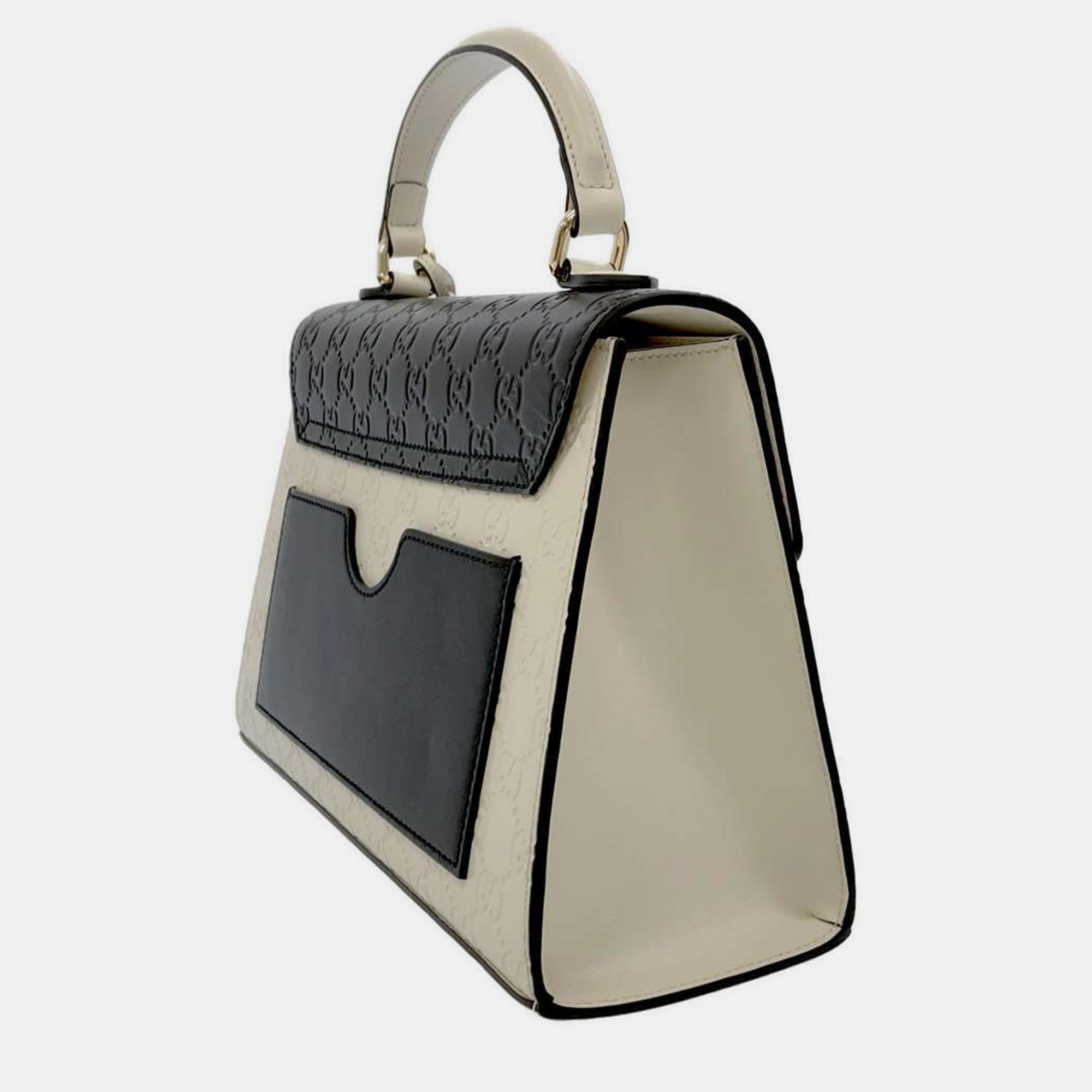Gucci Beige/Black Leather Medium GG Supreme Padlock Top Handle Bag