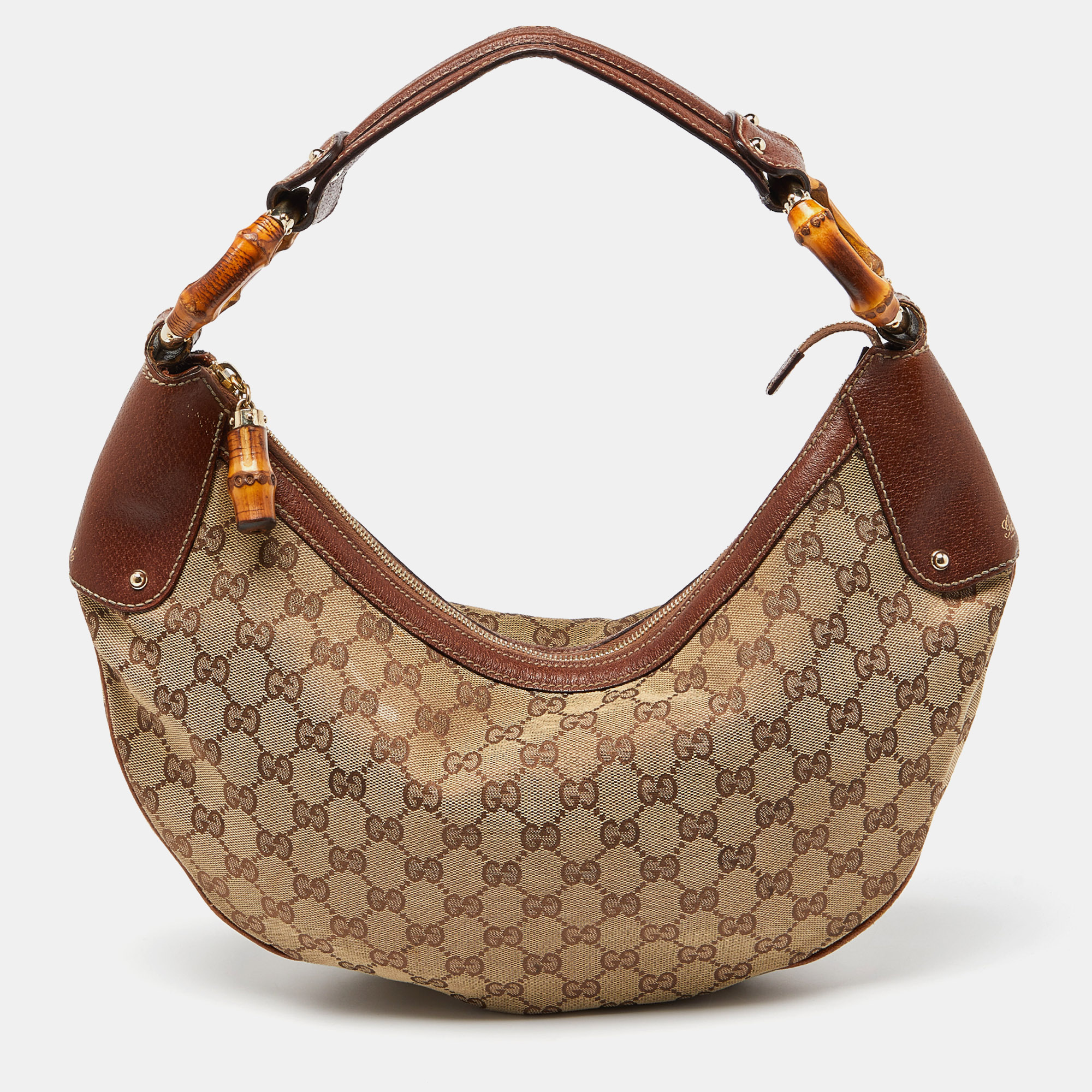 Gucci Beige GG Canvas And Leather Web Bamboo Ring Hobo
