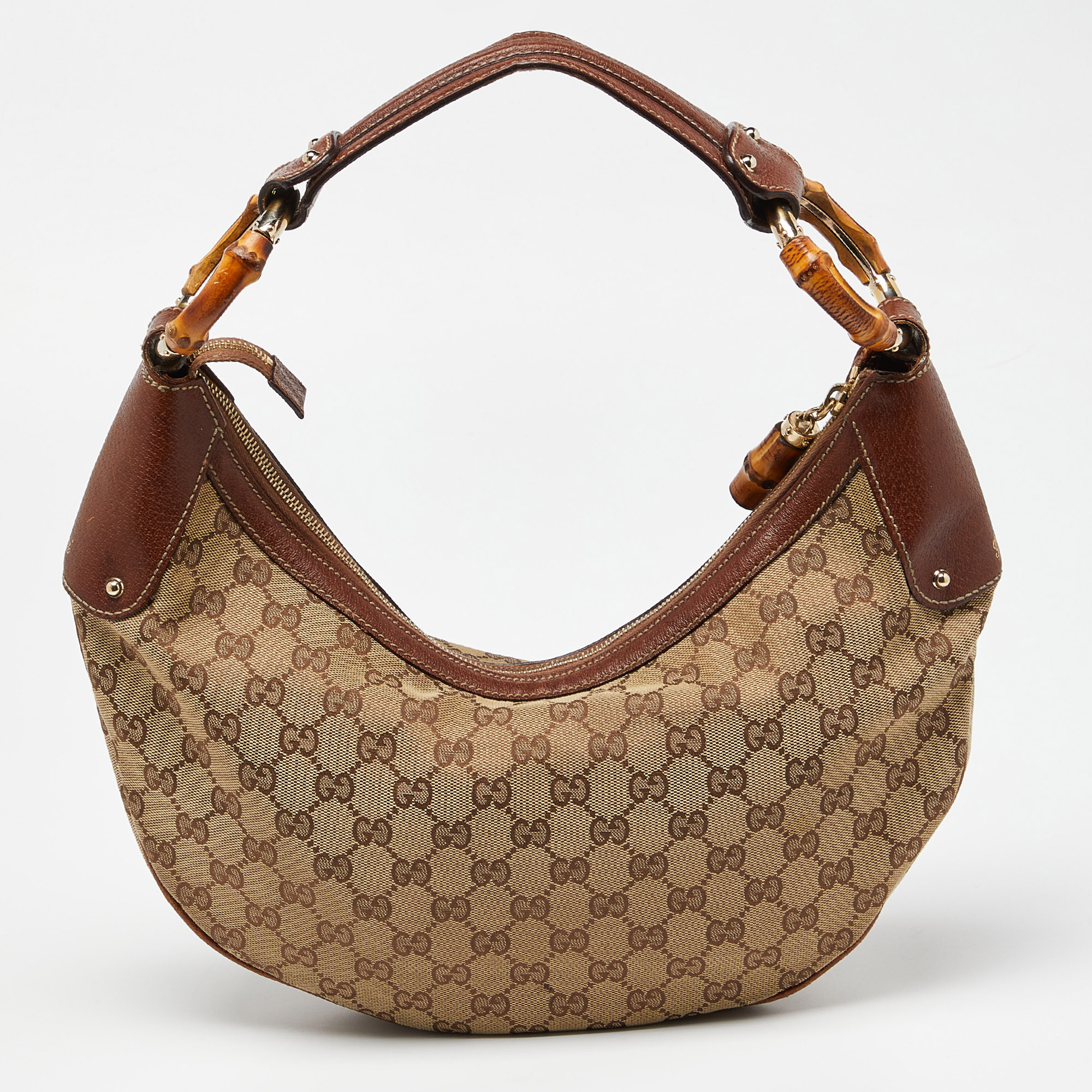 Gucci Beige GG Canvas And Leather Web Bamboo Ring Hobo