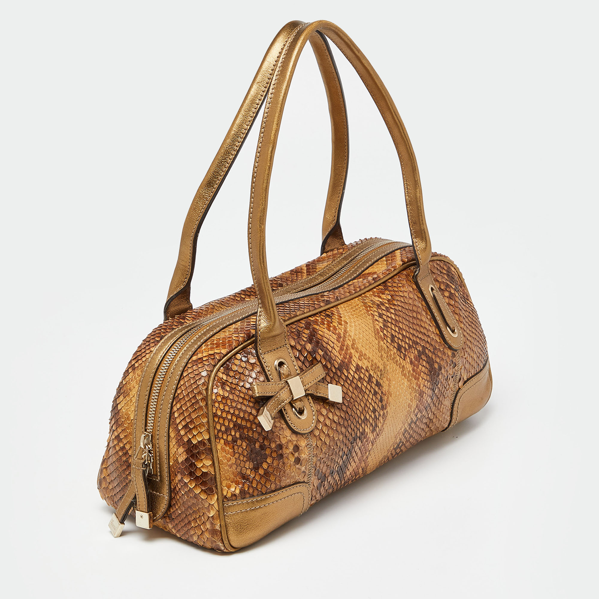 Gucci Gold/Brown Python And Leather Princy Boston Bag
