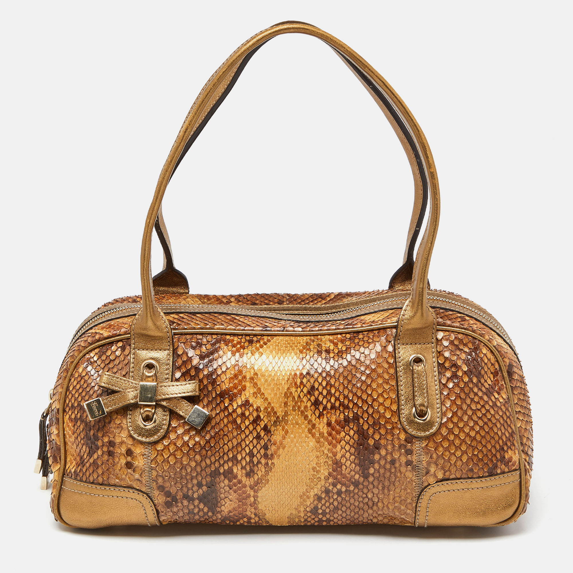 Gucci gold/brown python and leather princy boston bag
