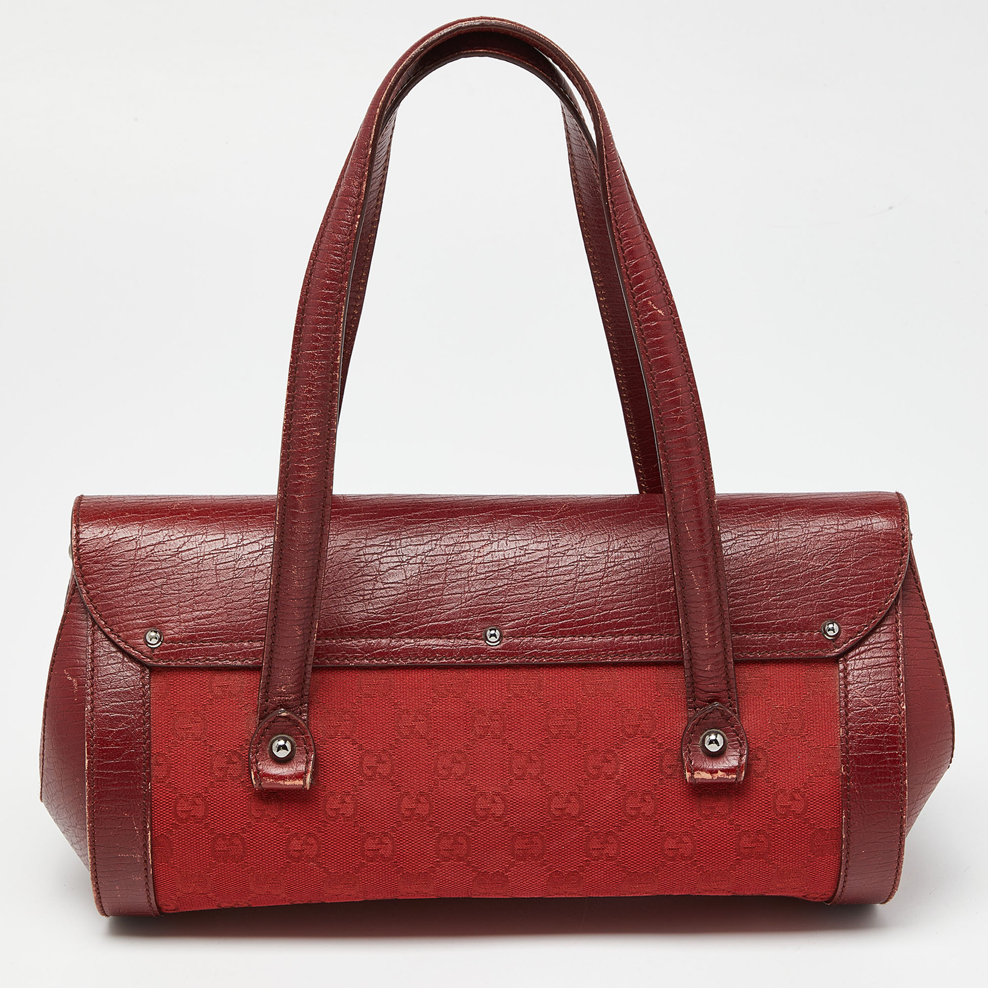 Gucci Red GG Canvas And Leather Bamboo Bullet Bag