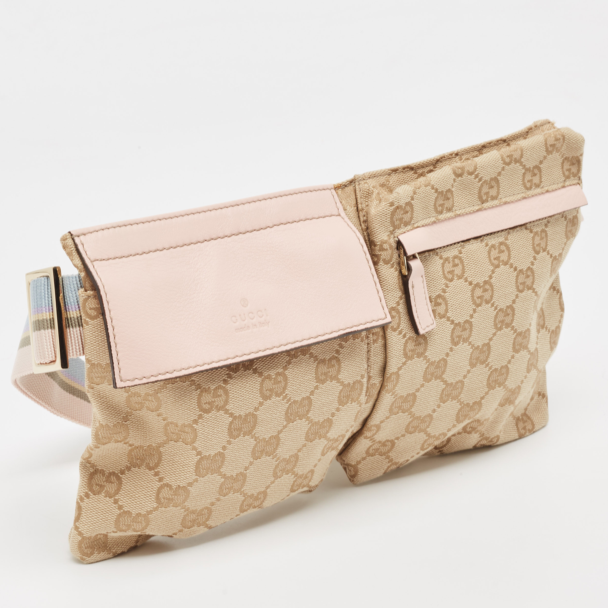 Gucci Pink/Beige GG Canvas And Leather Double Pocket Belt Bag