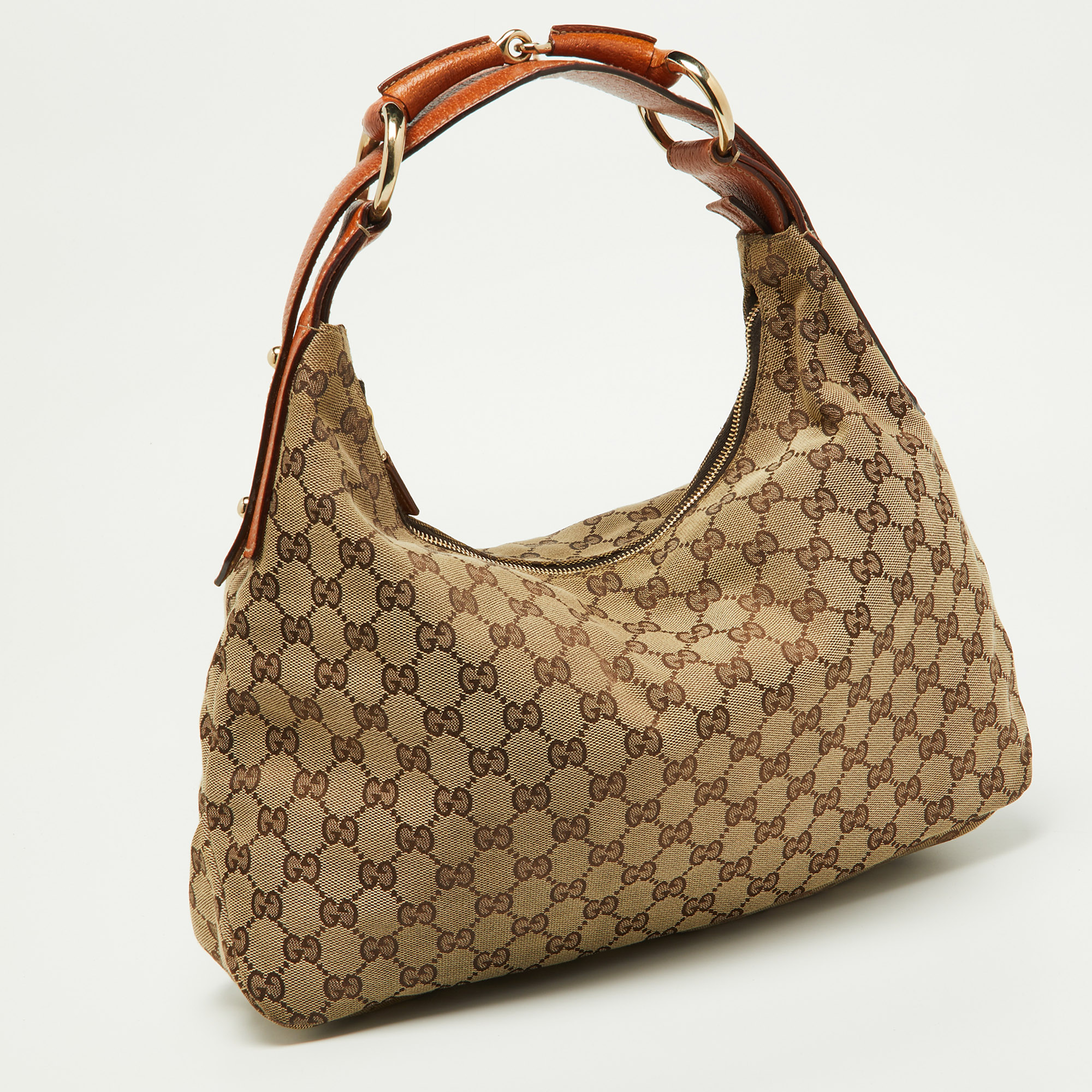 Gucci Beige/Brown GG Canvas And Leather Horsebit Handle Hobo