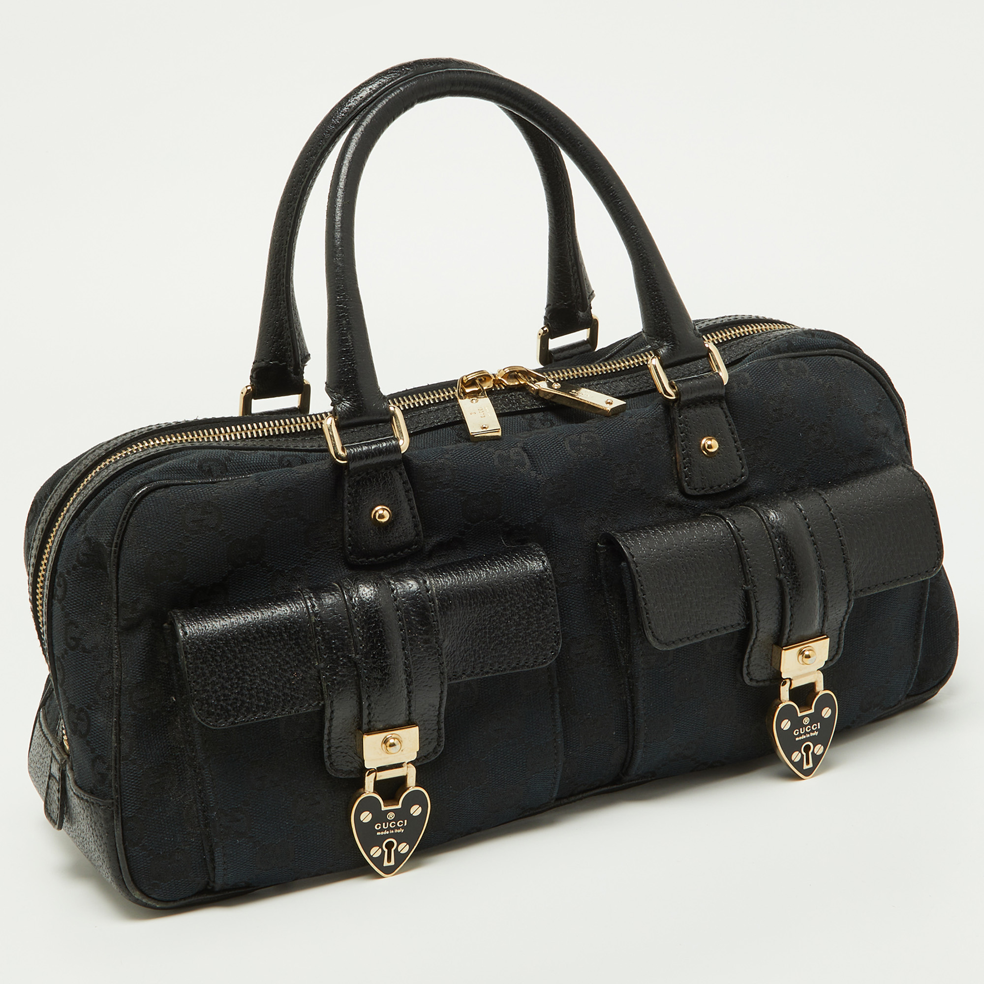 Gucci Black GG Canvas And Leather Heart Lock Satchel