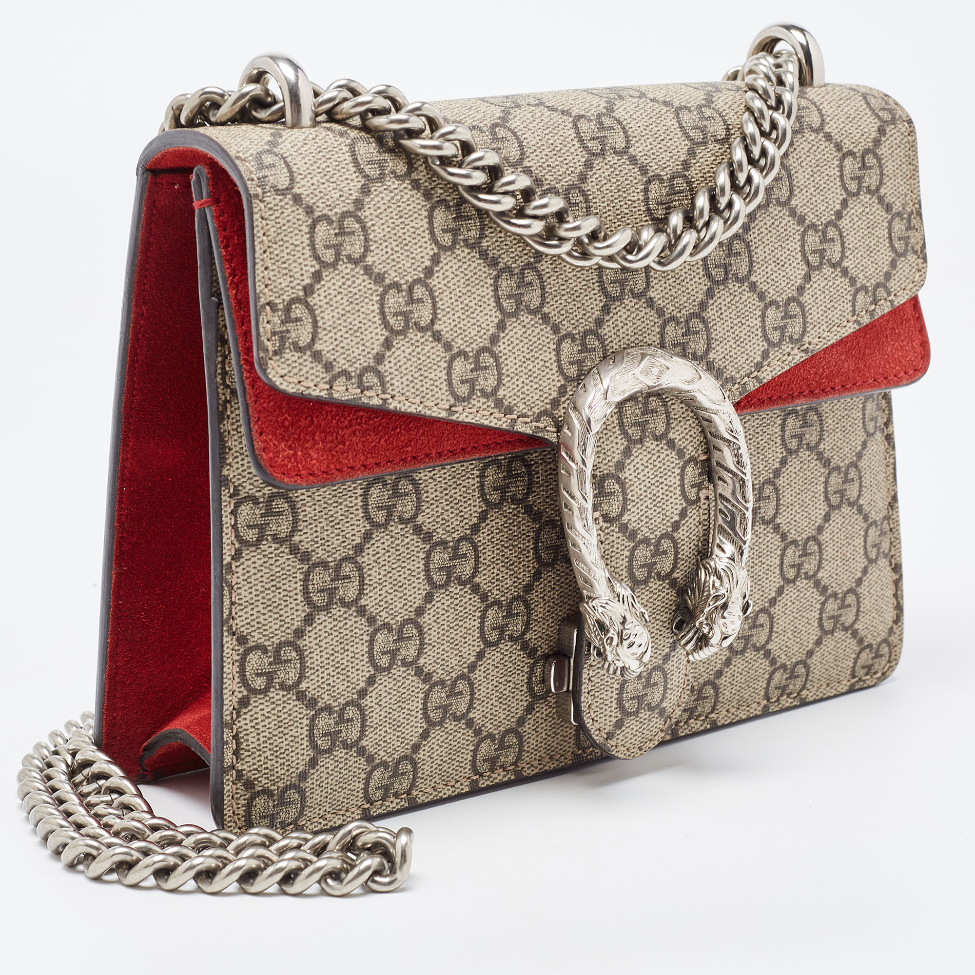 Gucci Red/Beige GG Supreme Canvas And Suede Mini Dionysus Shoulder Bag