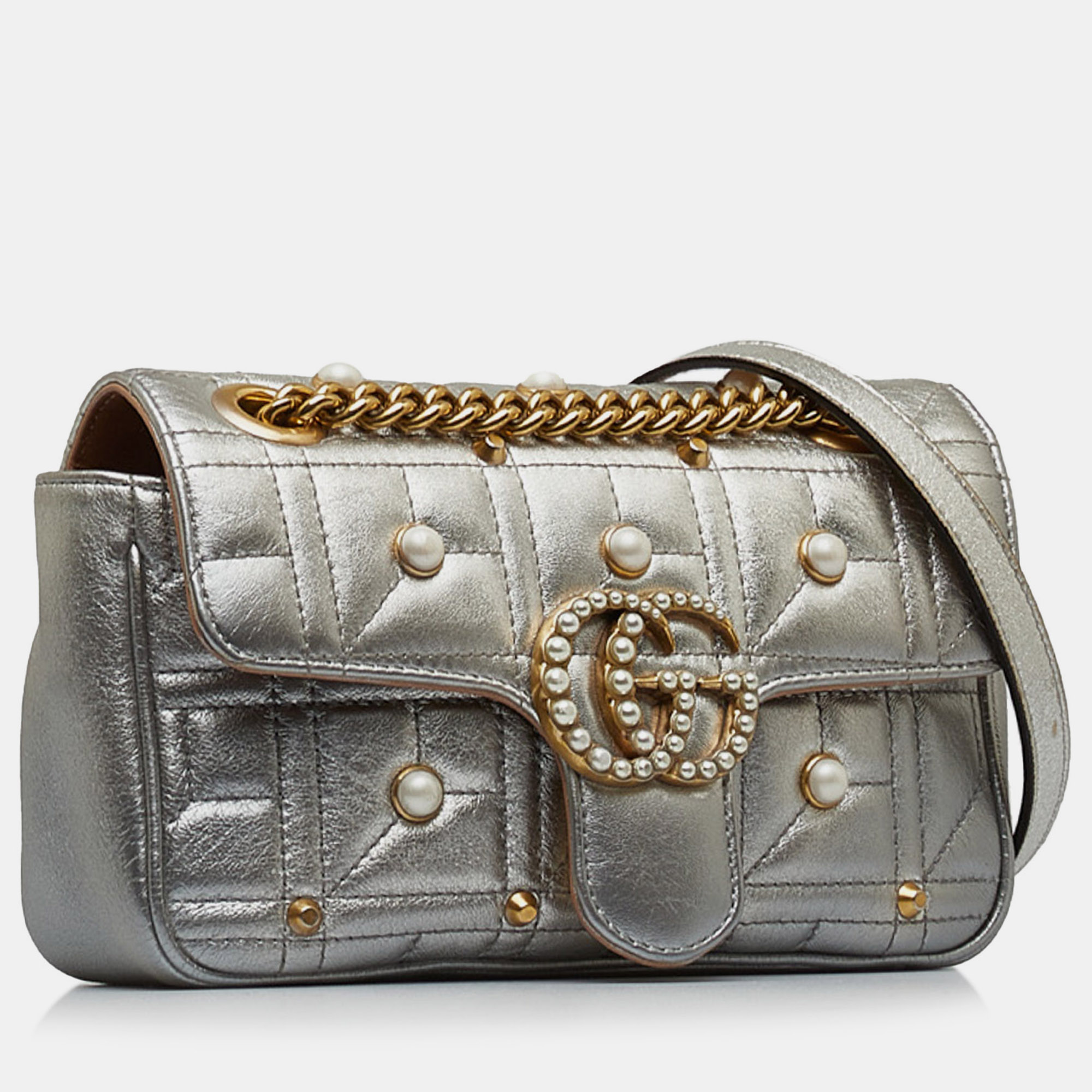 Gucci Silver Mini GG Marmont Matelasse Pearl Crossbody Bag
