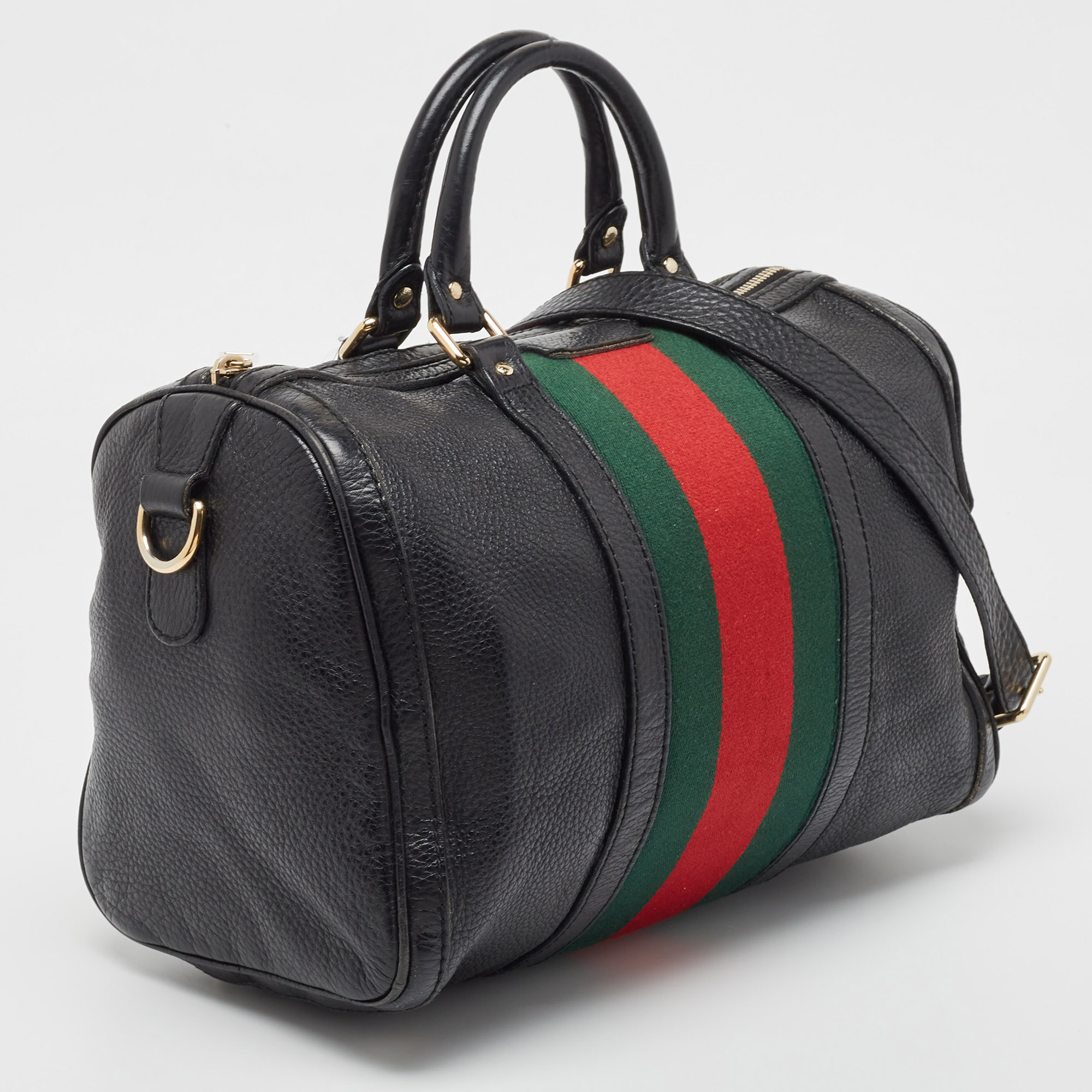 Gucci Black Leather Medium Vintage Web Boston Bag