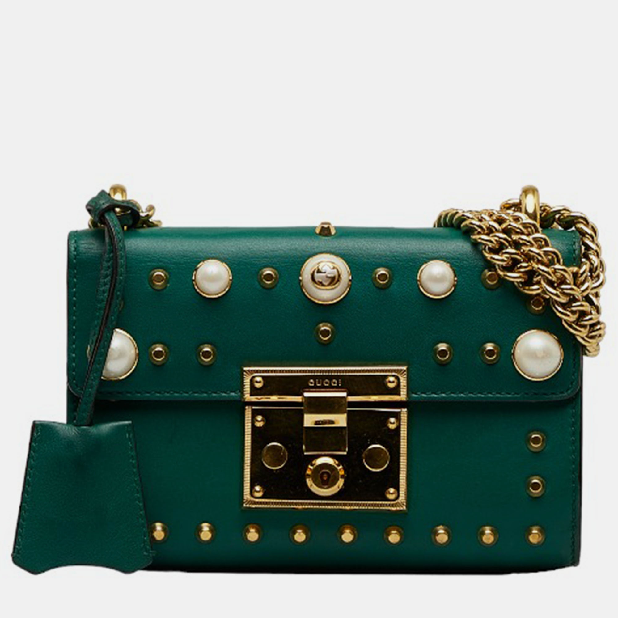 Gucci Green Studded Leather Small Padlock Shoulder Bag