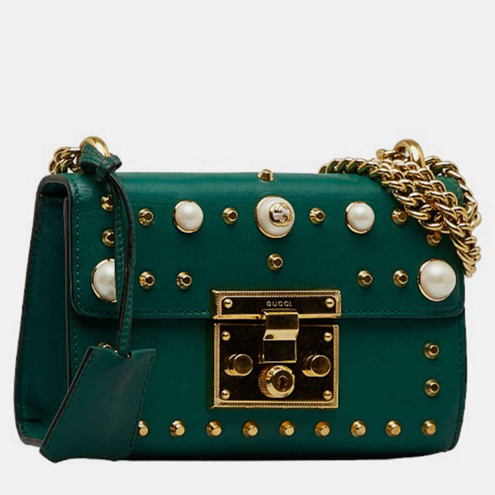 gucci Gucci Green Studded Leather Small Padlock Shoulder Bag Farca