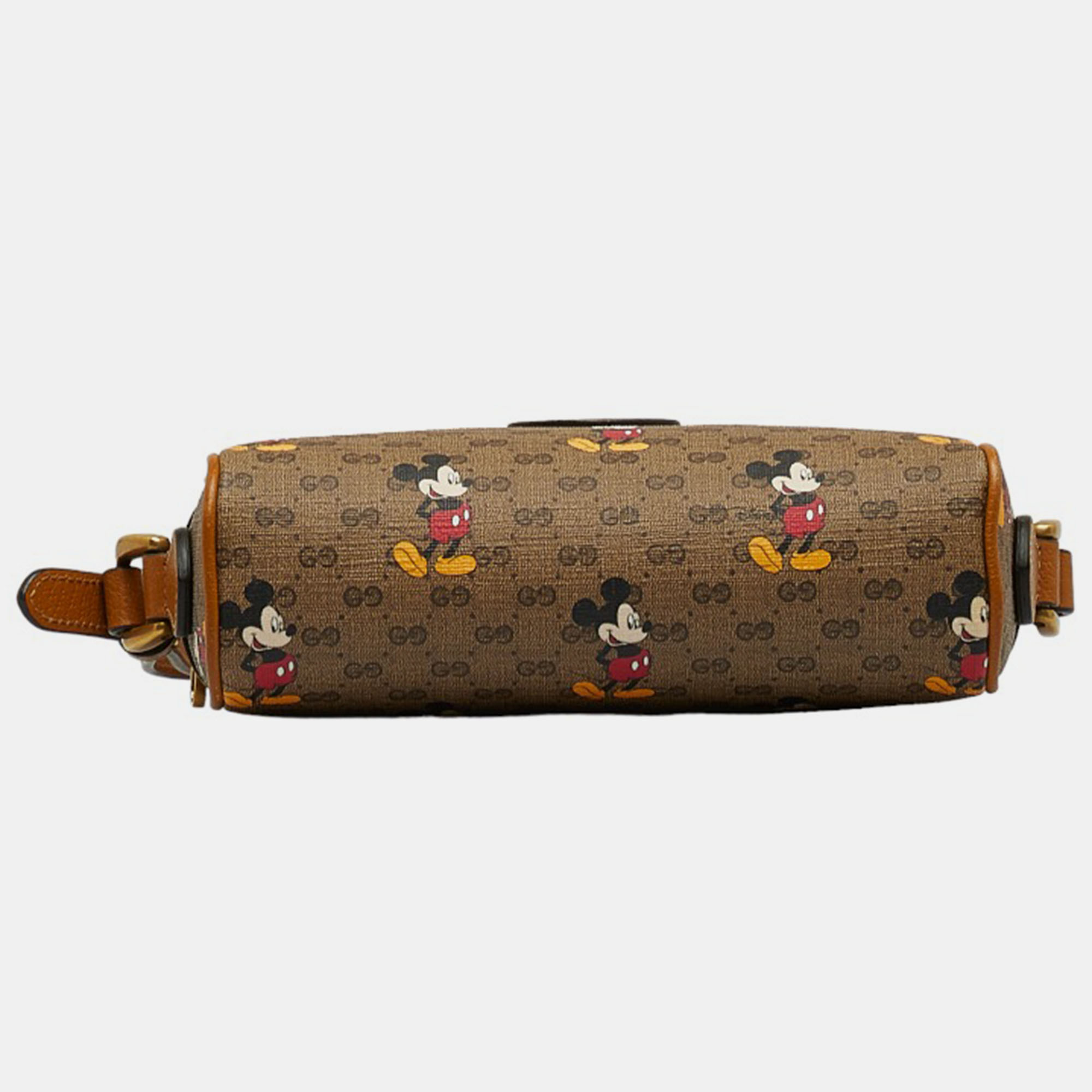 Gucci X Disney Brown Canvas GG Supreme Mickey Mouse Zip Shoulder Bag
