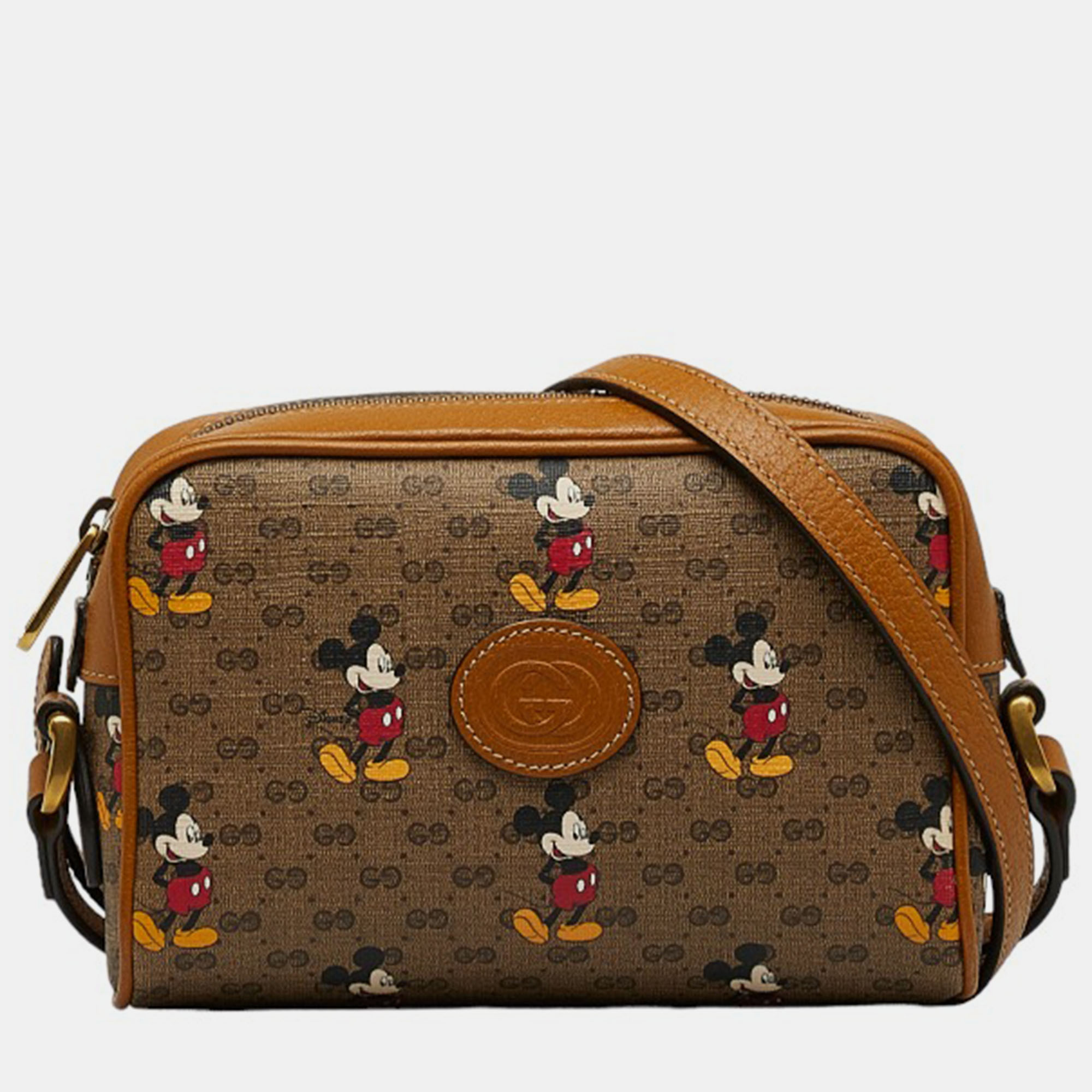 Gucci X Disney Brown Canvas GG Supreme Mickey Mouse Zip Shoulder Bag