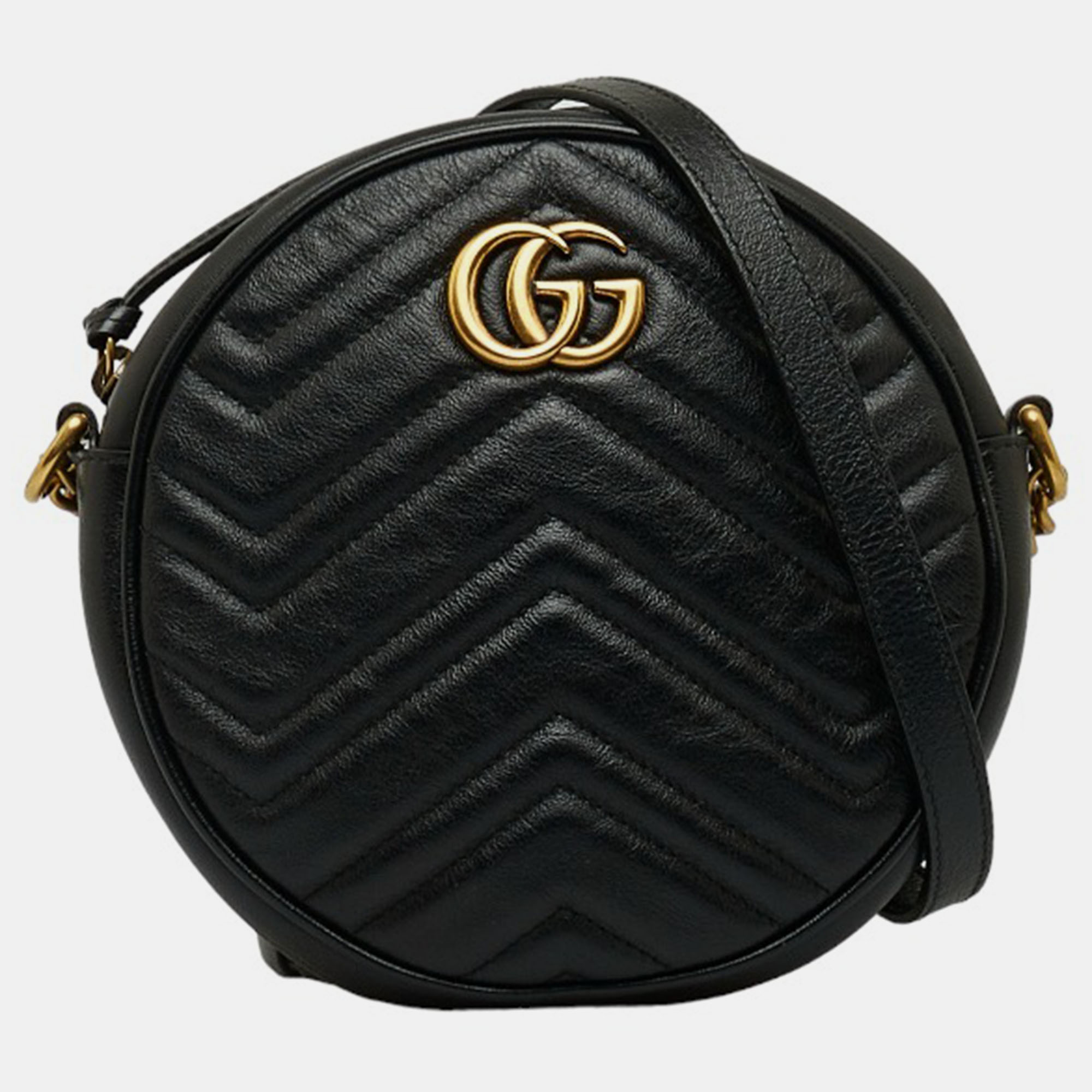 Gucci Black Leather Mini GG Marmont Round Crossbody Bag