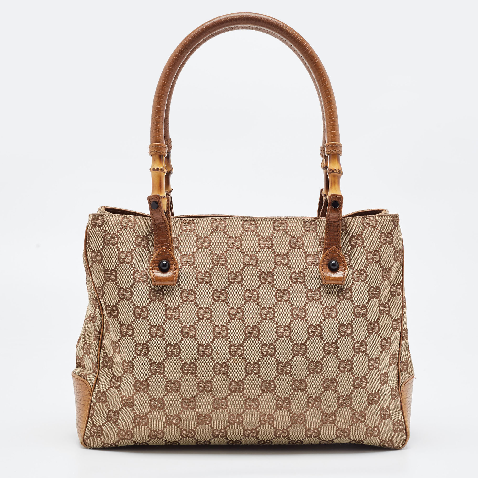 Gucci Brown/Beige GG Canvas And Leather Bamboo Tote