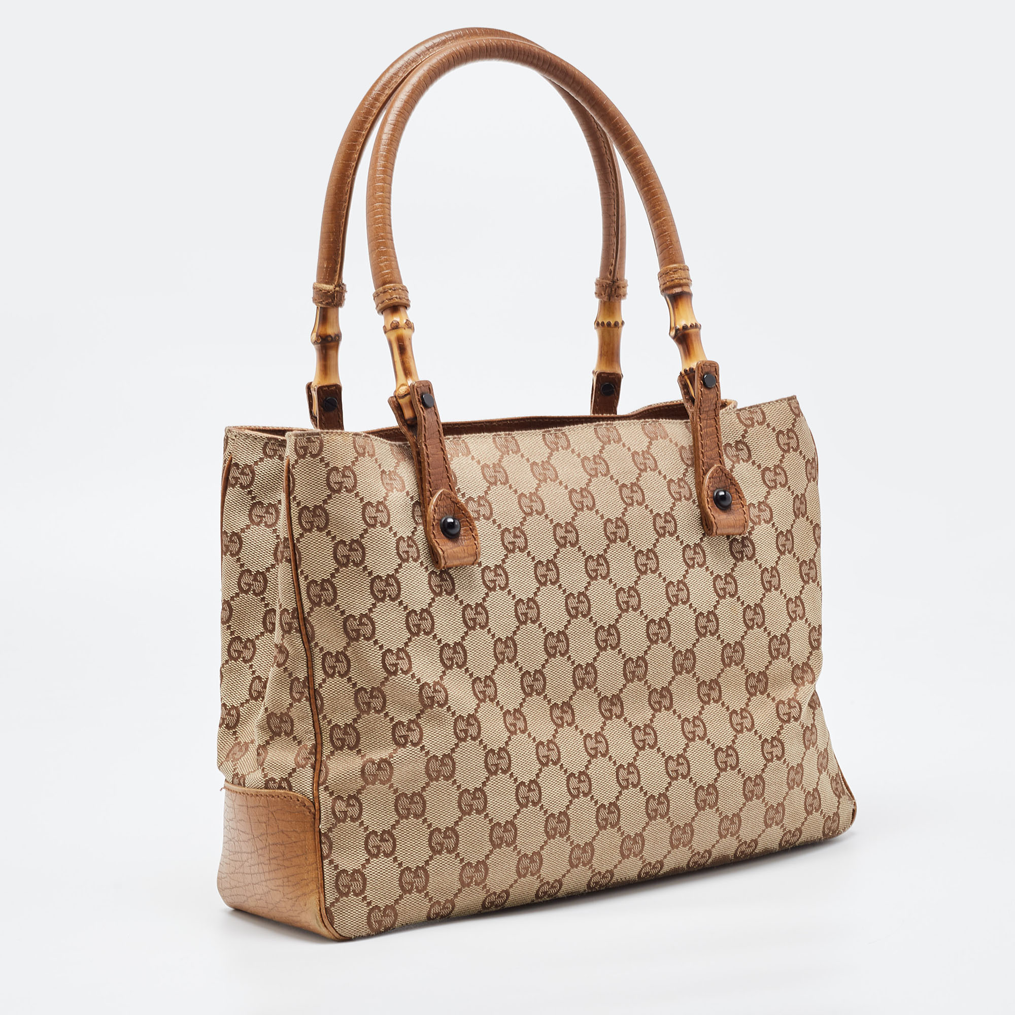 Gucci Brown/Beige GG Canvas And Leather Bamboo Tote