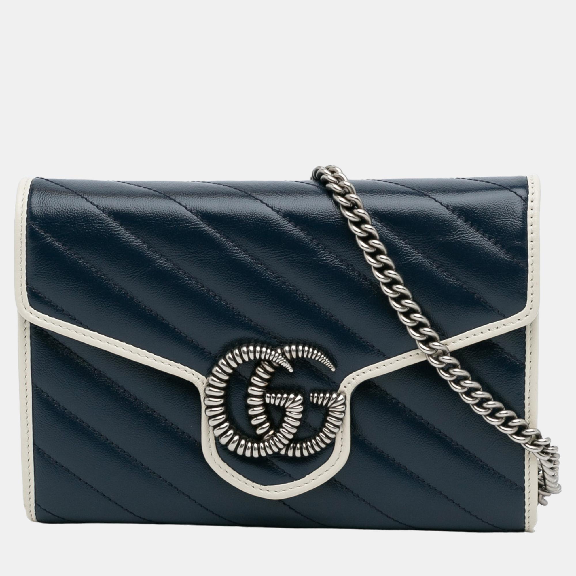 Gucci Blue Mini GG Marmont Wallet On Chain